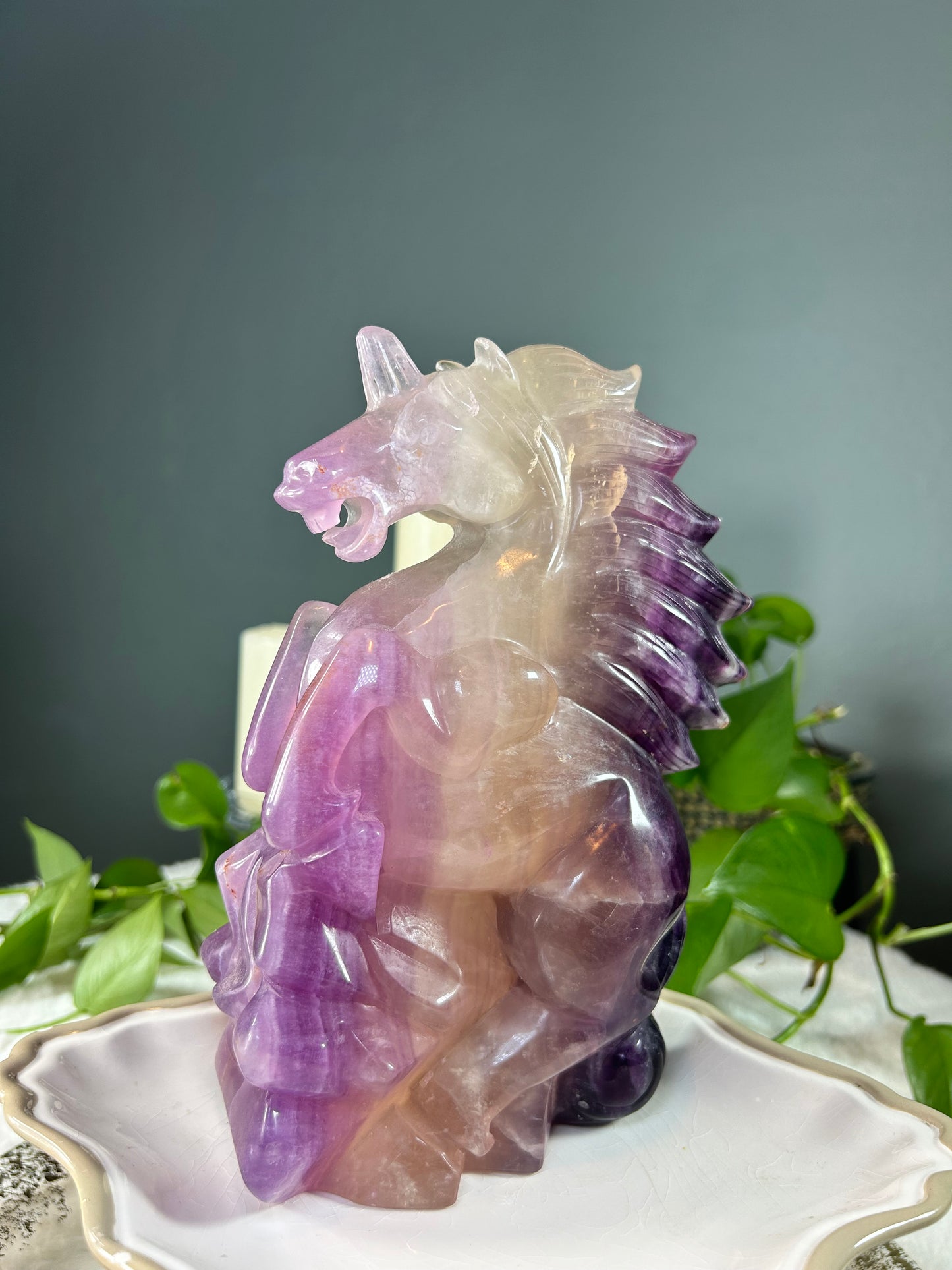 X-large hand carved purple banded fluorite full body unicorn statue crystal carving - 7.79lbs (6in x 9in x 3in)
