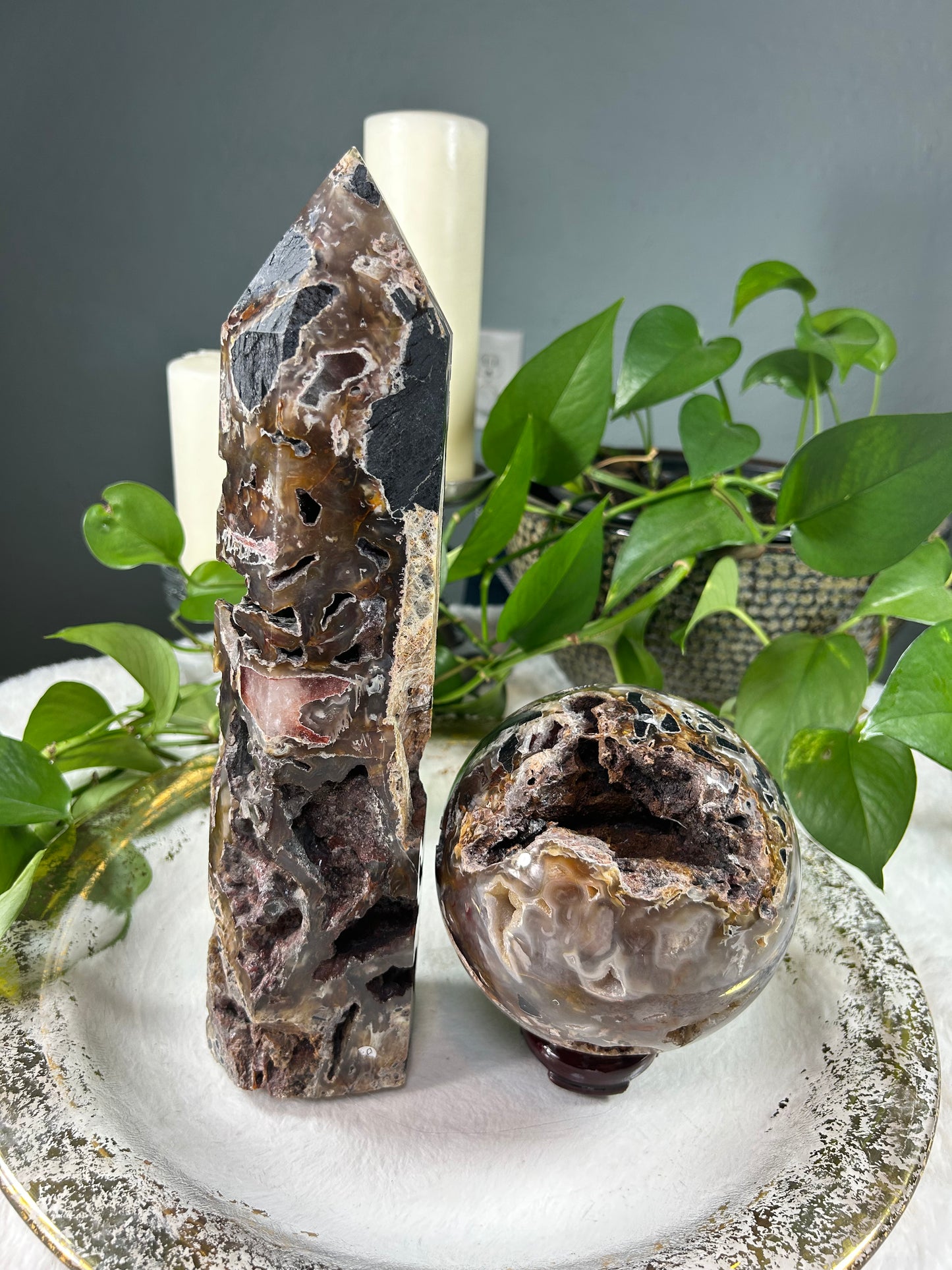Large raw druzy mixed tourmaline crystal sphere and tower set - sphere is 5.795 pounds (5.5 inches) tower is 5.2 pounds (3.5in x 13in x 3in) - discount for set but can be sold separately