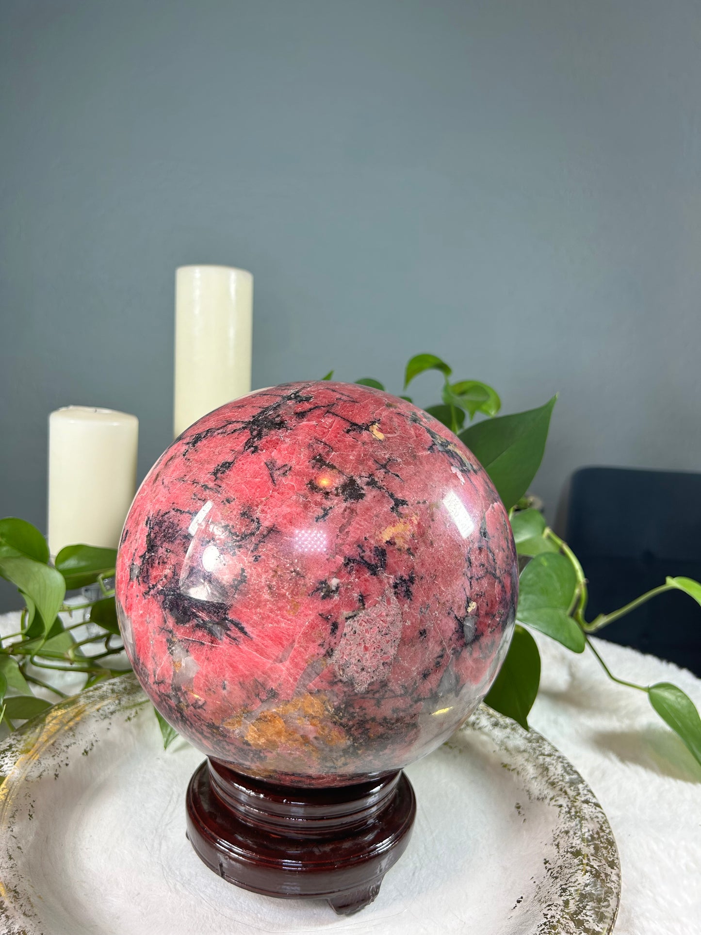 XX-large GIANT cherry rhodonite and quartz crystal sphere - 41.775 pounds (9 inches)