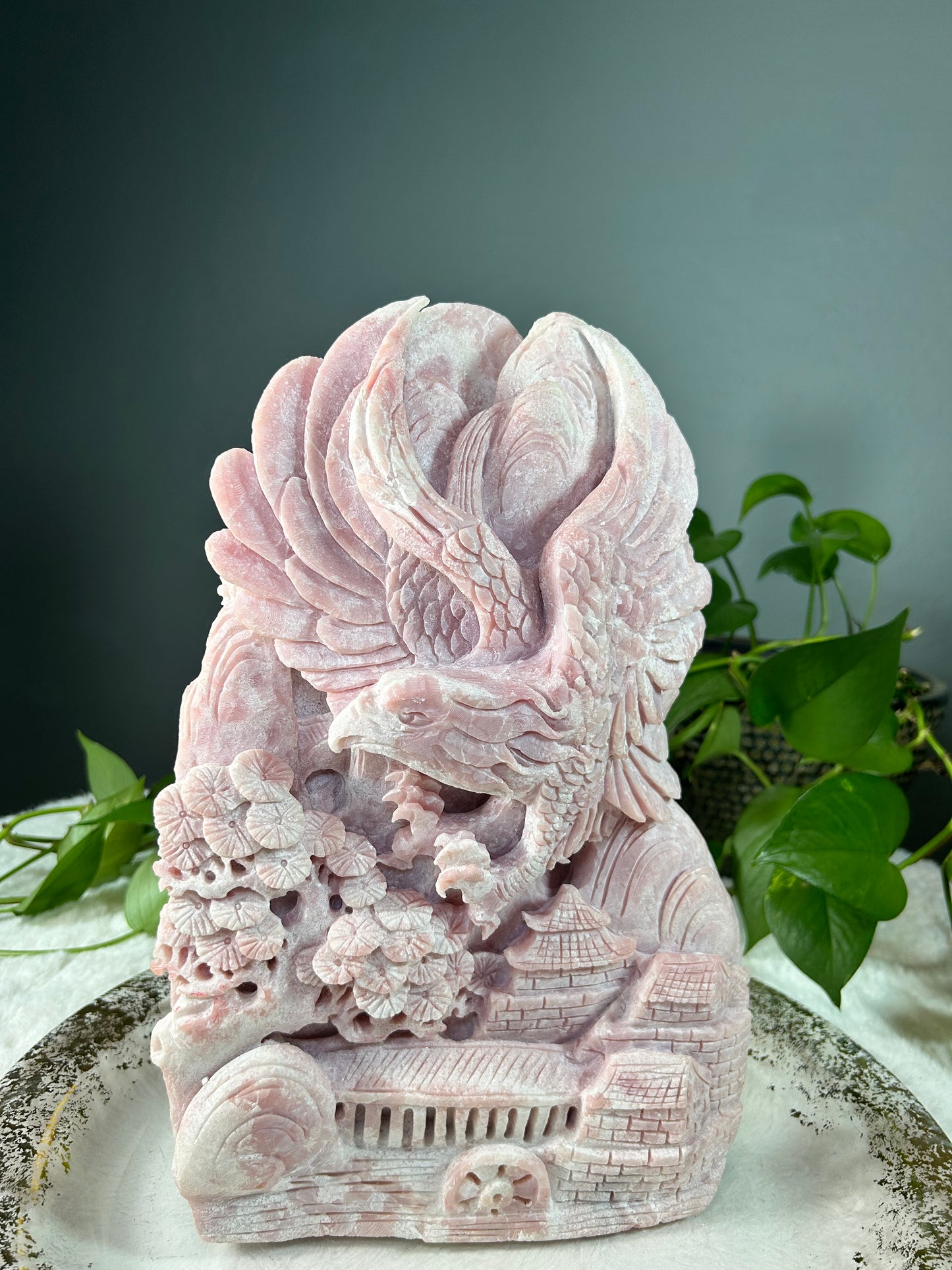 XX-Large pink opal eagle over village hand carved carving statue - 15.805 pounds (9in x 14in x 2.5in)