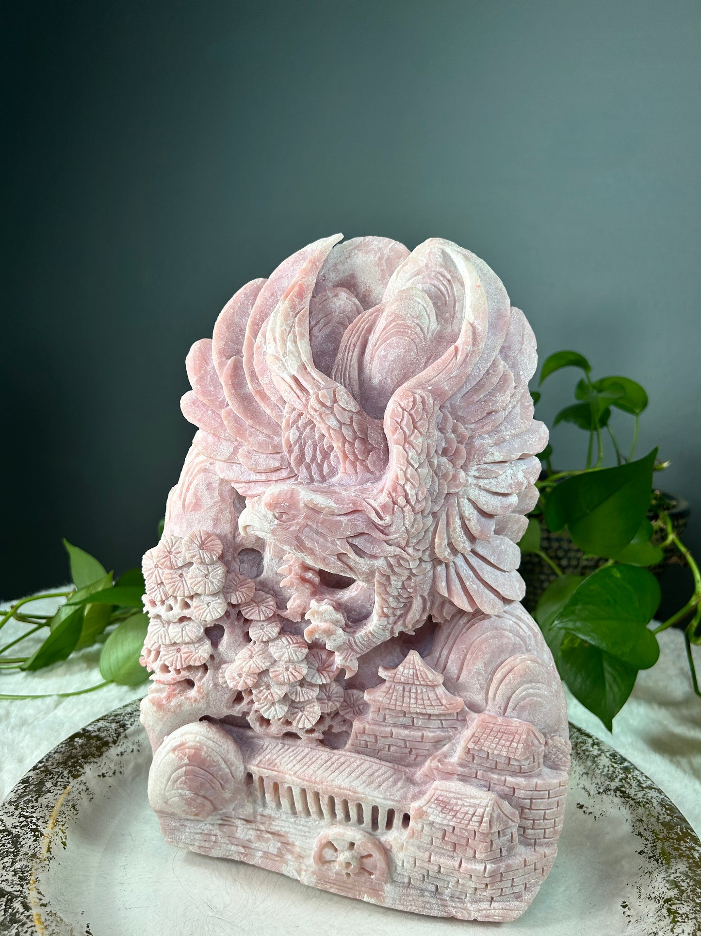 XX-Large pink opal eagle over village hand carved carving statue - 15.805 pounds (9in x 14in x 2.5in)