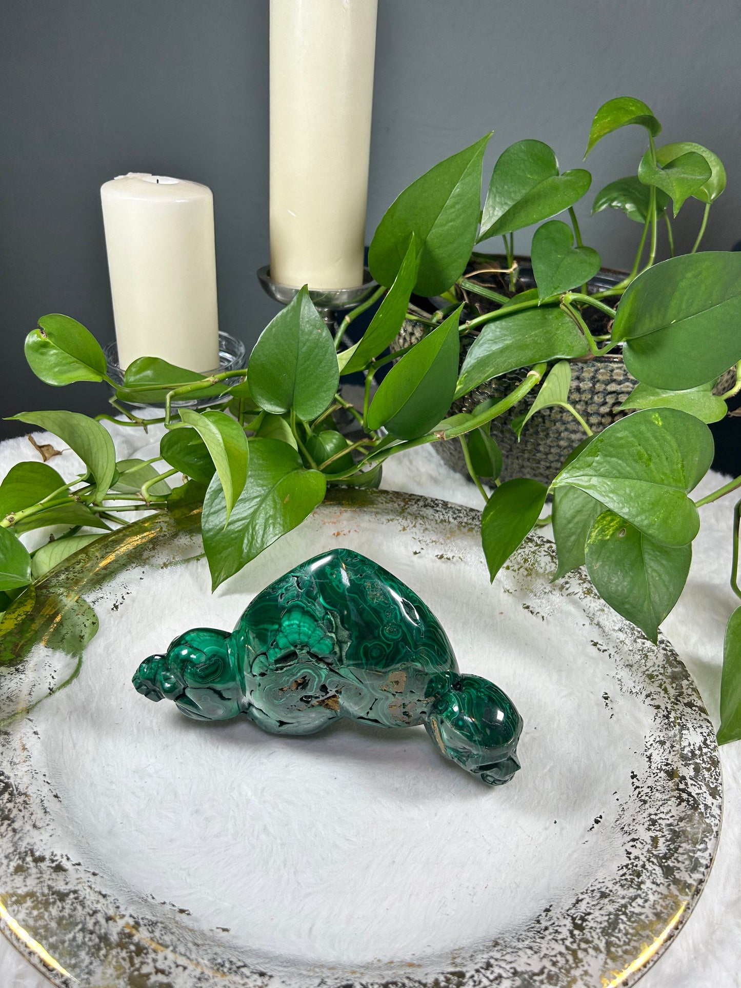 Large one of a kind standing 100% natural Malachite heart and skull hand carved crystal carving - 3.735 pounds (8in x 4.5in)