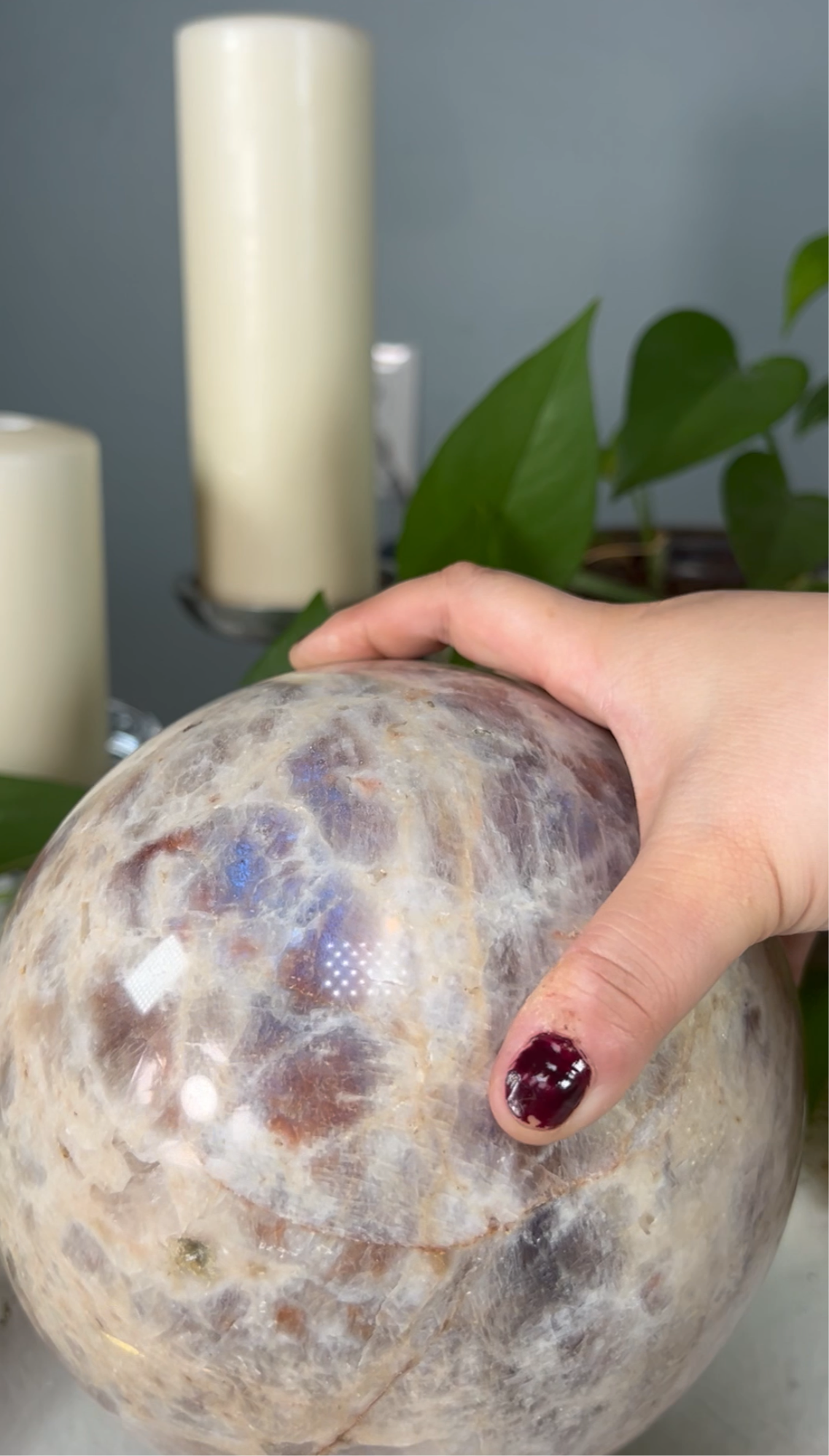 X-large sunstone in moonstone sphere with blue flash - 12.235 pounds (6 inch)