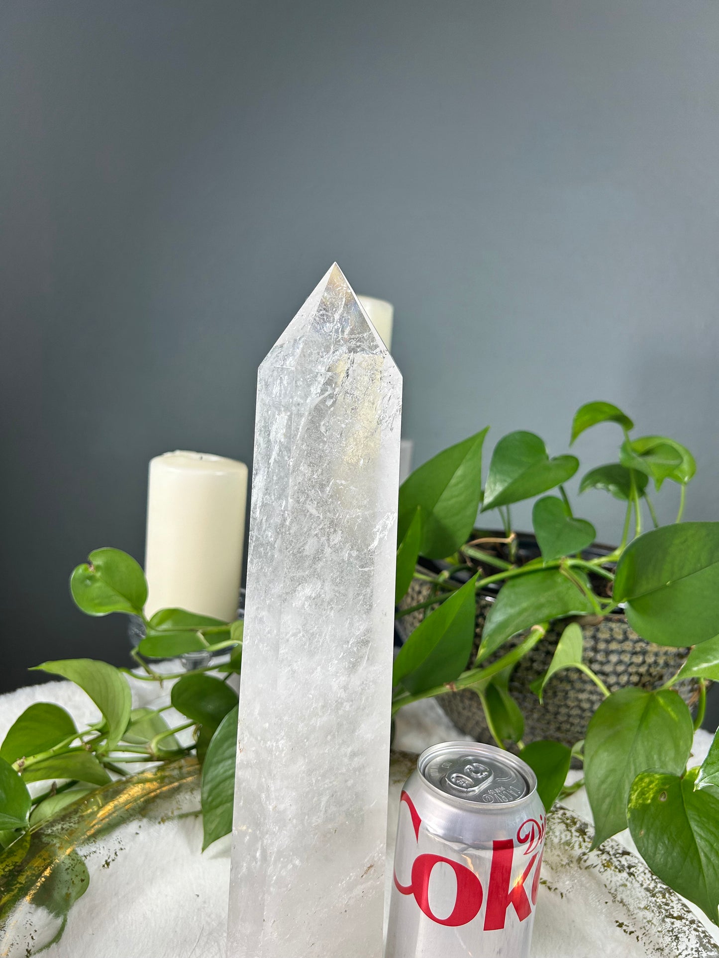 X-Large gorgeous quality and clarity clear quartz crystal tower point with many rainbows - 5.29 pounds (3.5in x 13.5in x 2in)