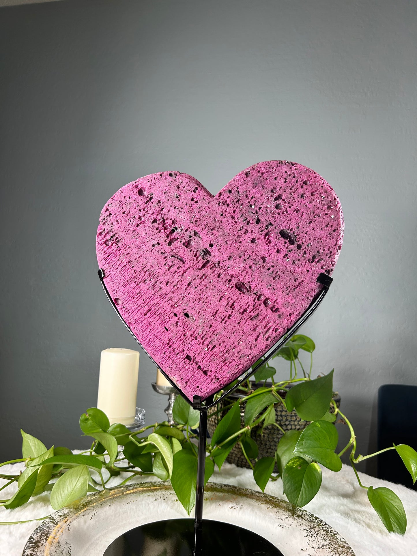 XX-large honeycomb ruby heart with pink uv reaction and custom stand (lab grown mineral) - 25.79 pounds with stand (12.5in x 12.5in x 2in)