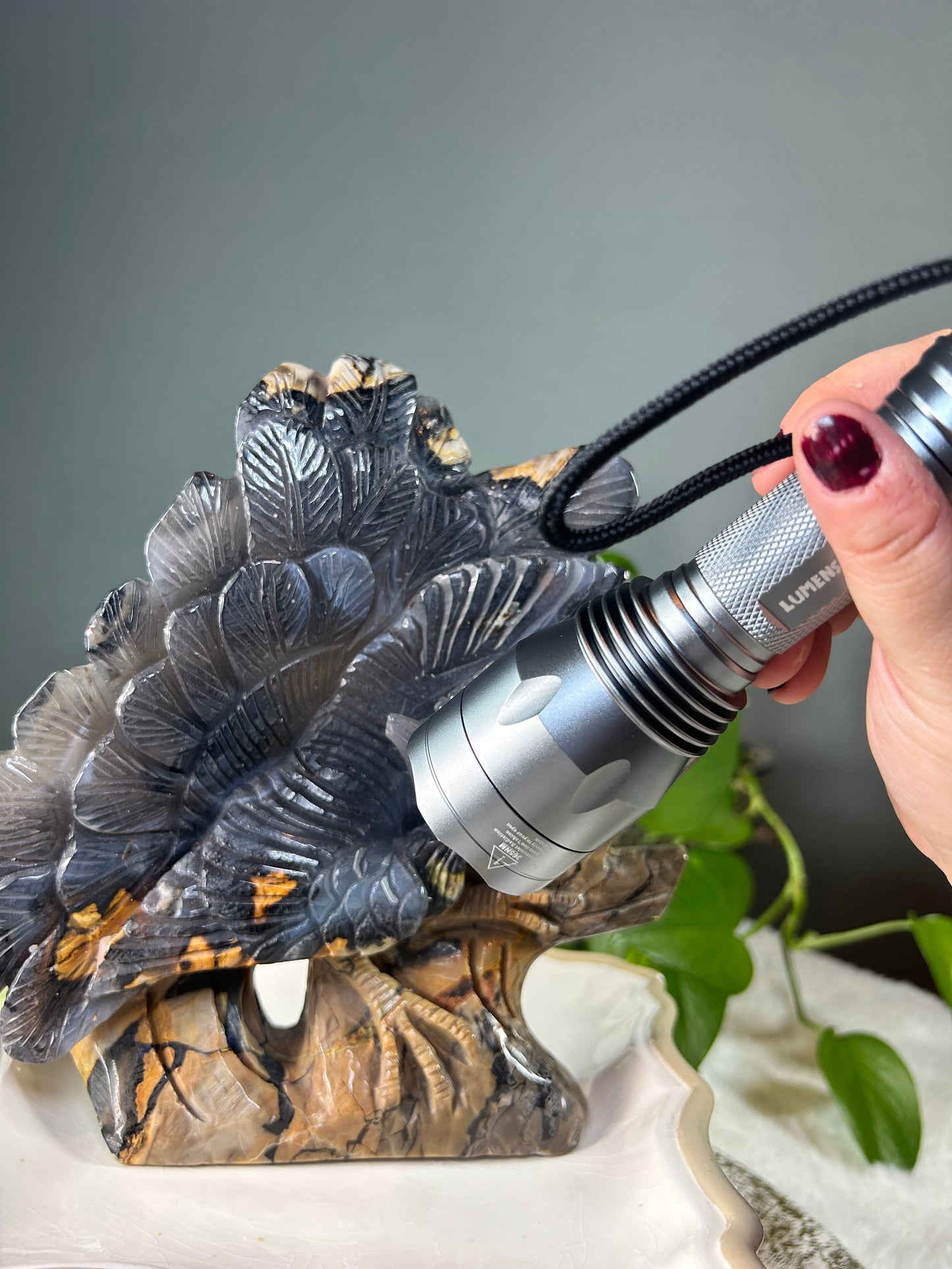 Large volcano agate (green uv reactive) hand carved peacock/bird in tree statue carving - 3.820 pounds (8.5in x 8.5in x 1.5in)