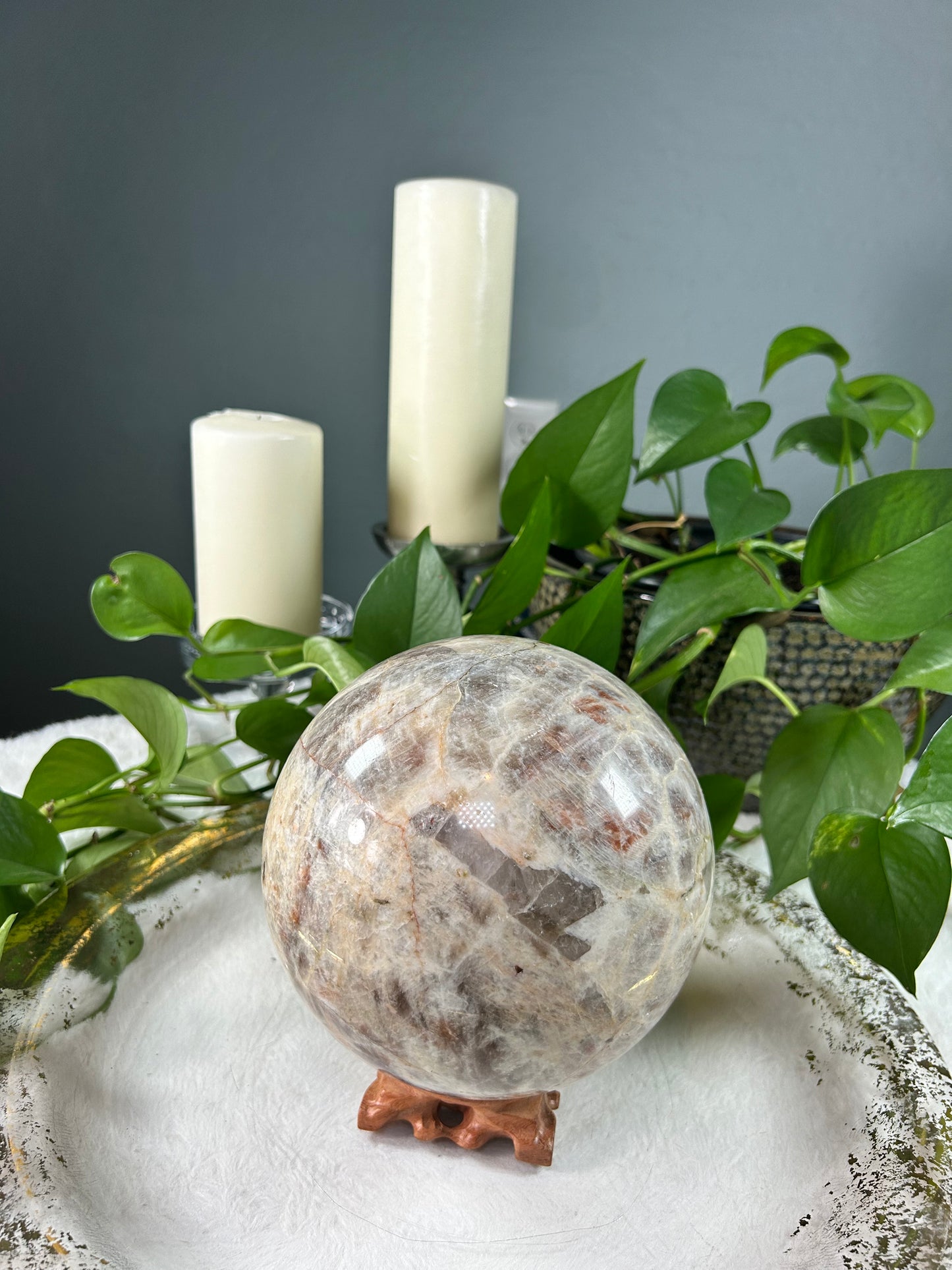 X-large sunstone in moonstone sphere with blue flash - 12.235 pounds (6 inch)