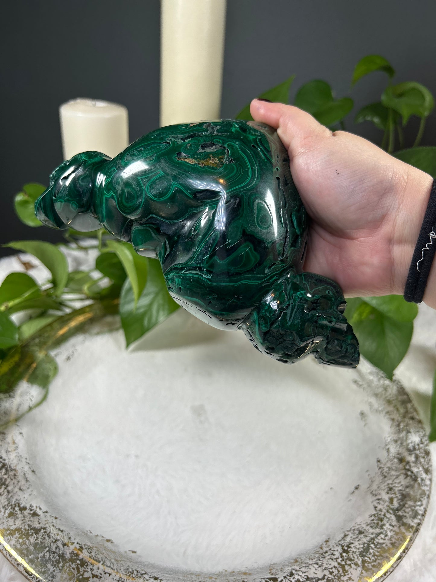 Large one of a kind standing 100% natural Malachite heart and skull hand carved crystal carving - 3.735 pounds (8in x 4.5in)