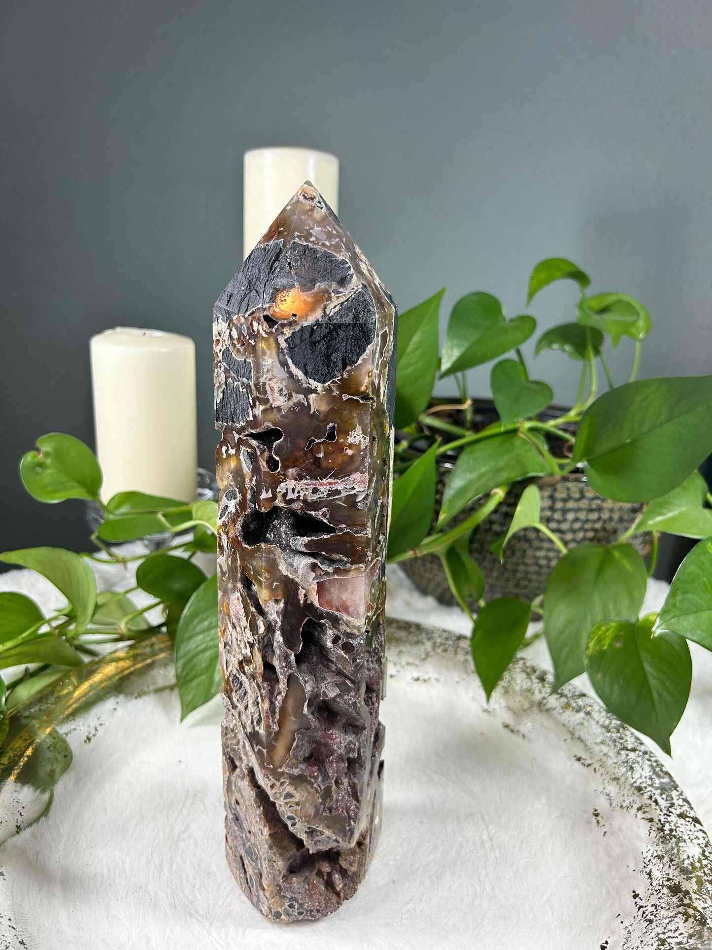 Large raw druzy mixed tourmaline crystal sphere and tower set - sphere is 5.795 pounds (5.5 inches) tower is 5.2 pounds (3.5in x 13in x 3in) - discount for set but can be sold separately