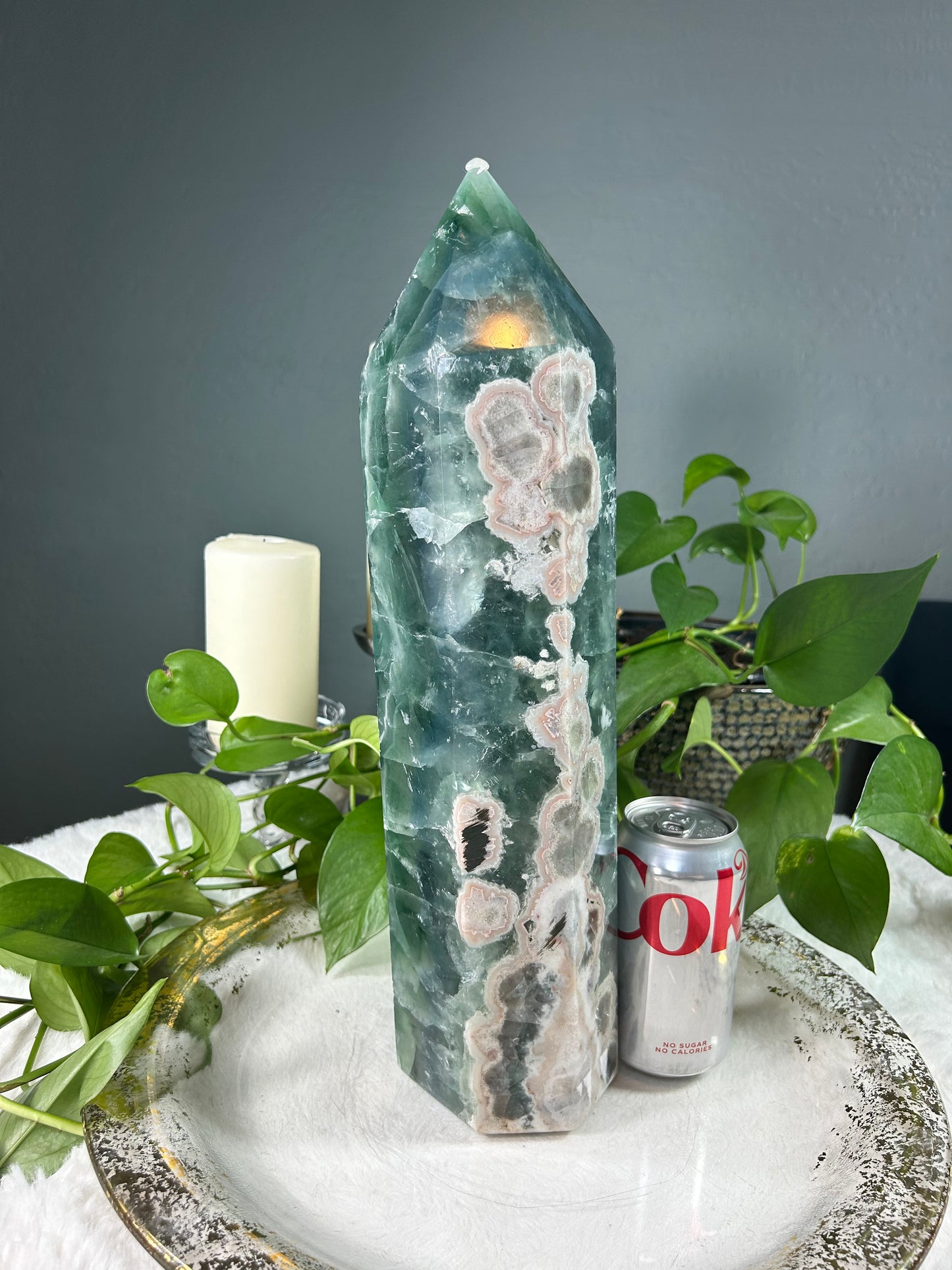 XX-Large THICK/WIDE ocean blue fluorite crystal tower with unique Sakura flower inclusions - 16.05 pounds (4in x 16in x 3.5in)