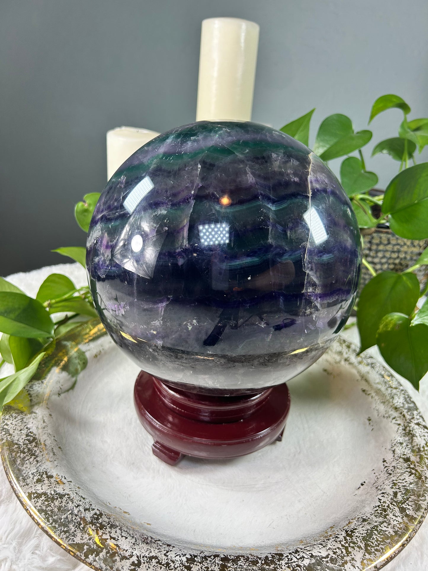 XX-large GIANT banded rainbow blue and purple fluorite sphere - 36.97 pounds (9 inches)