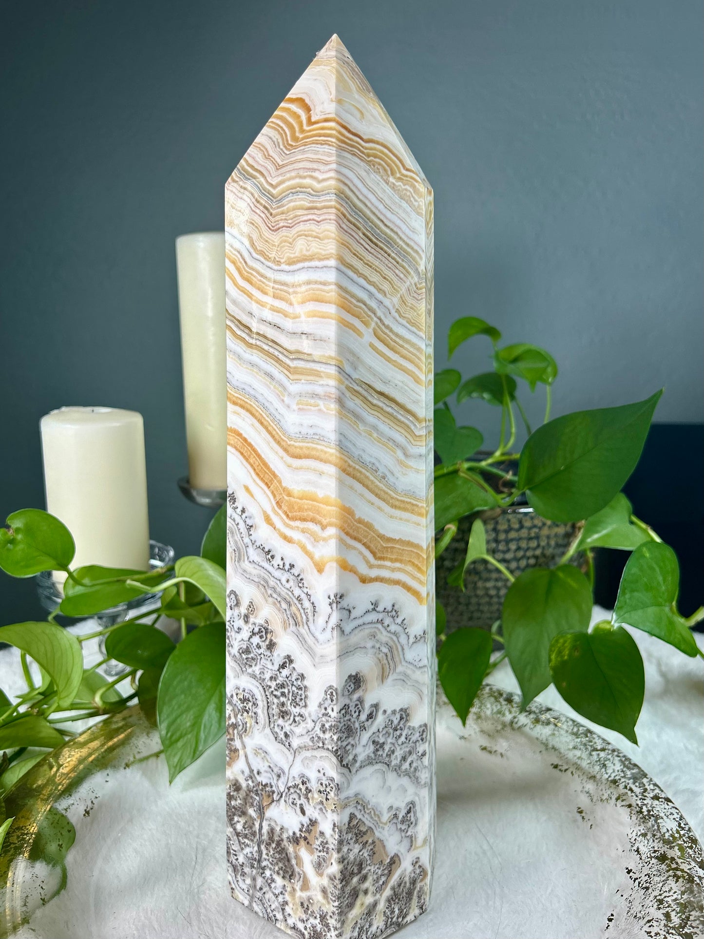 XX-large THICK/WIDE banded yellow calcite with dendritic crystal tower- 15.1 pounds (4in x 17in x 4in)