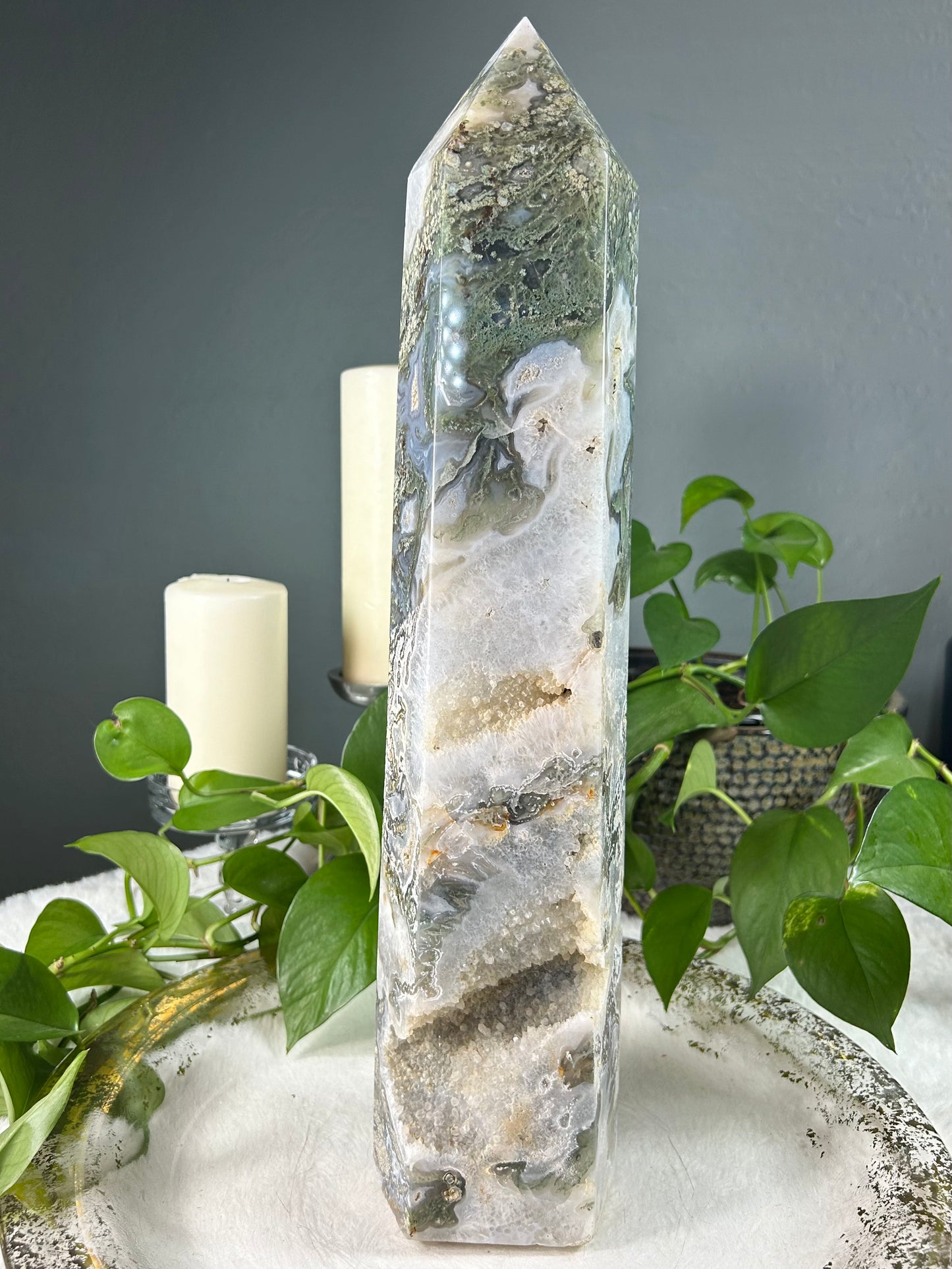XX-large GIANT/TALL light blue and green moss agate crystal tower with raw druzy part- 15.66 pounds (4in x 18.5in x 4in)
