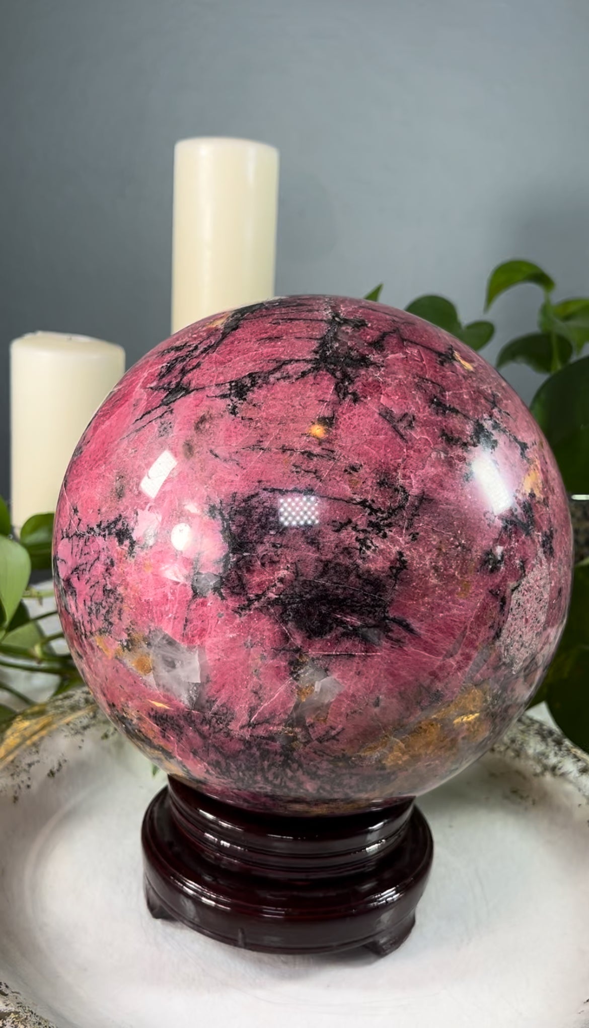 XX-large GIANT cherry rhodonite and quartz crystal sphere - 41.775 pounds (9 inches)