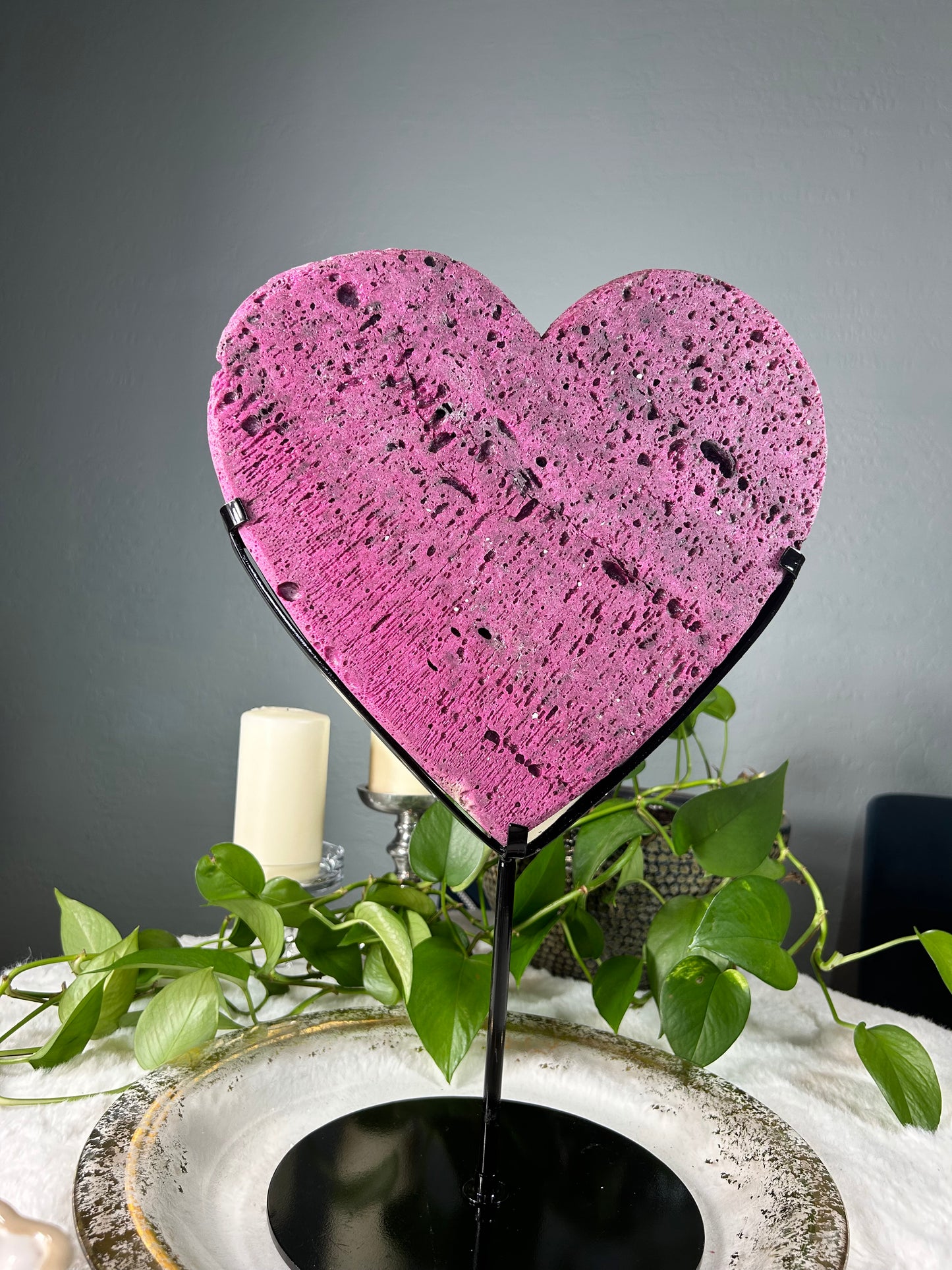 XX-large honeycomb ruby heart with pink uv reaction and custom stand (lab grown mineral) - 25.79 pounds with stand (12.5in x 12.5in x 2in)