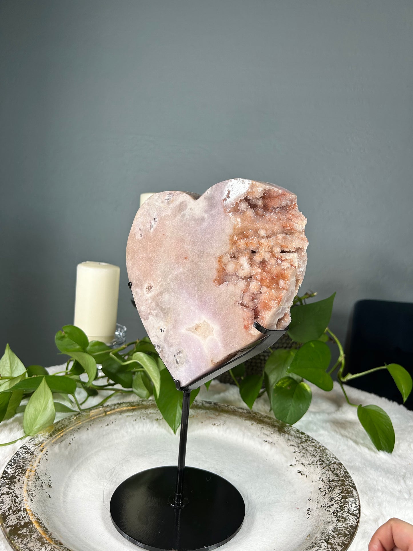 Large druzy/raw pink amethyst heart with custom stand - 6.875 pounds with stand (8.5in x 8in x 1.5in)