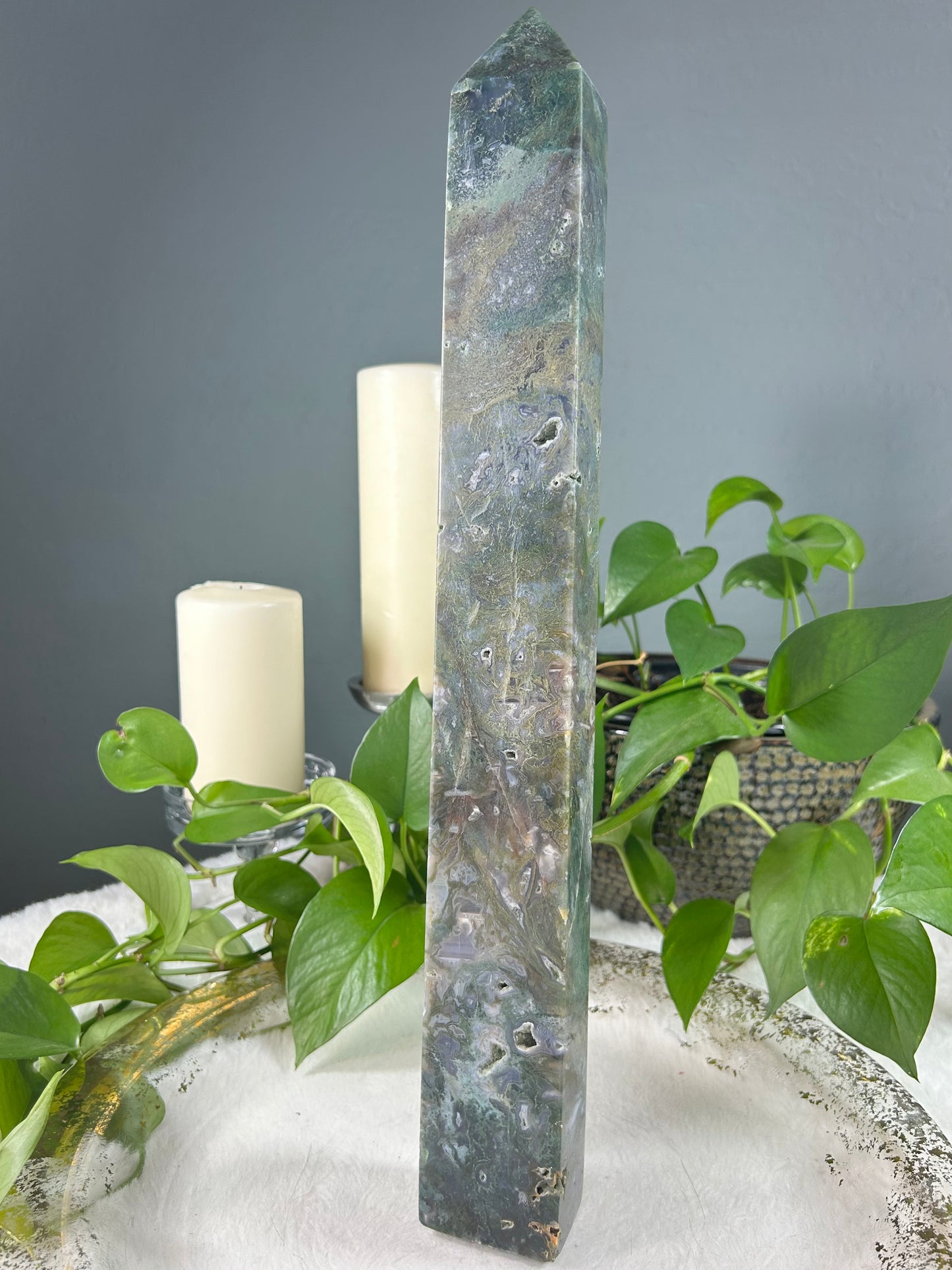 X-large TALL green moss agate crystal tower point - 5.025 pounds (2.5in x 18in x 1.5in)