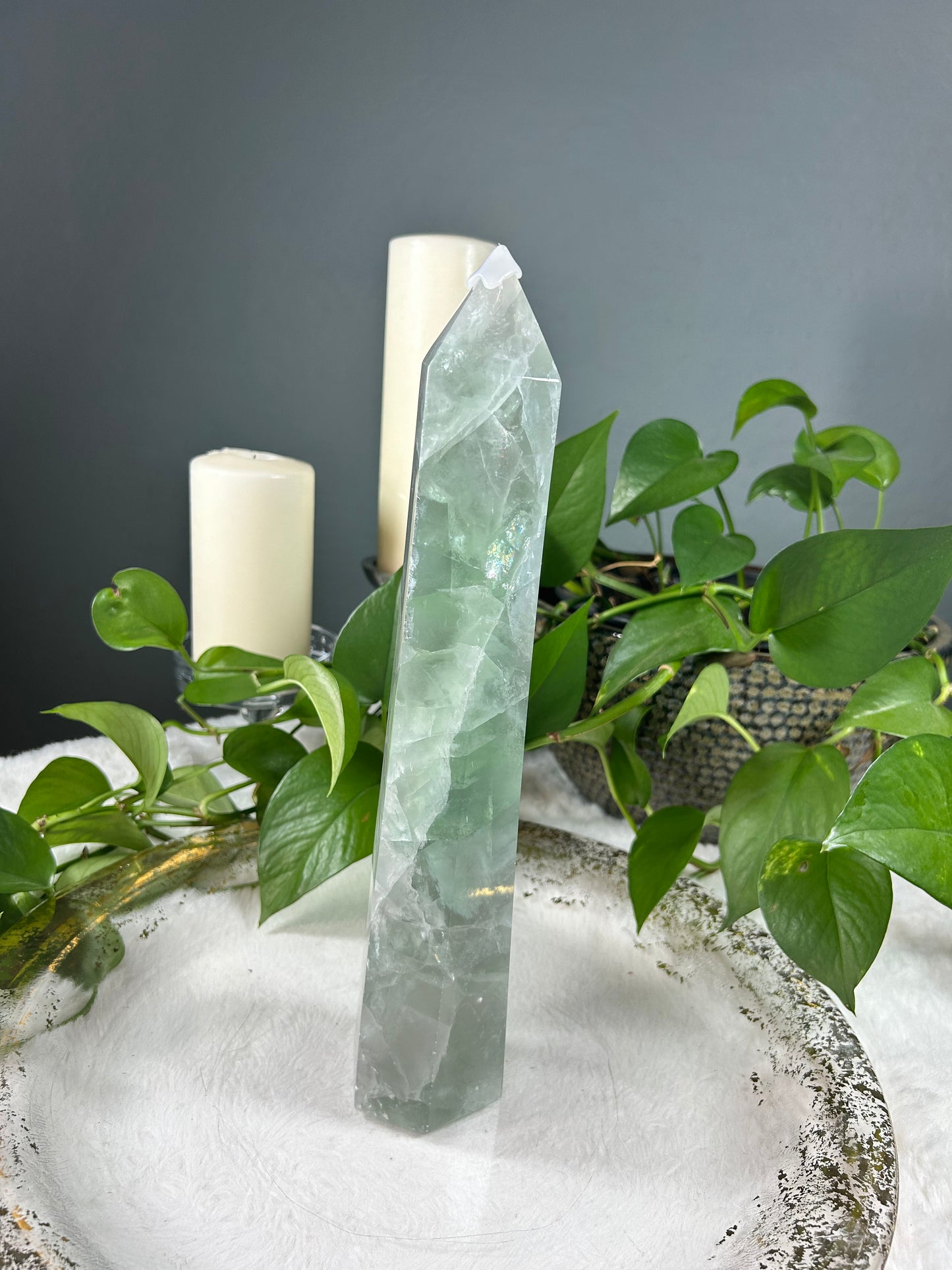Large icy light mint green fluorite crystal tower point with rainbows- 4.945 pounds (3in x 13in x 2.5in) - protective wax tip comes off under hot water