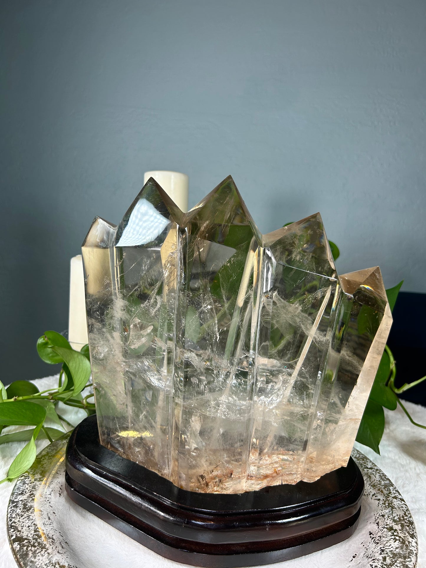 XX-large 5 point 100-% natural smoky quartz tower with custom stand - gorgeous clarity and rainbows - 21.715 pounds (12in x 13in x 6in)