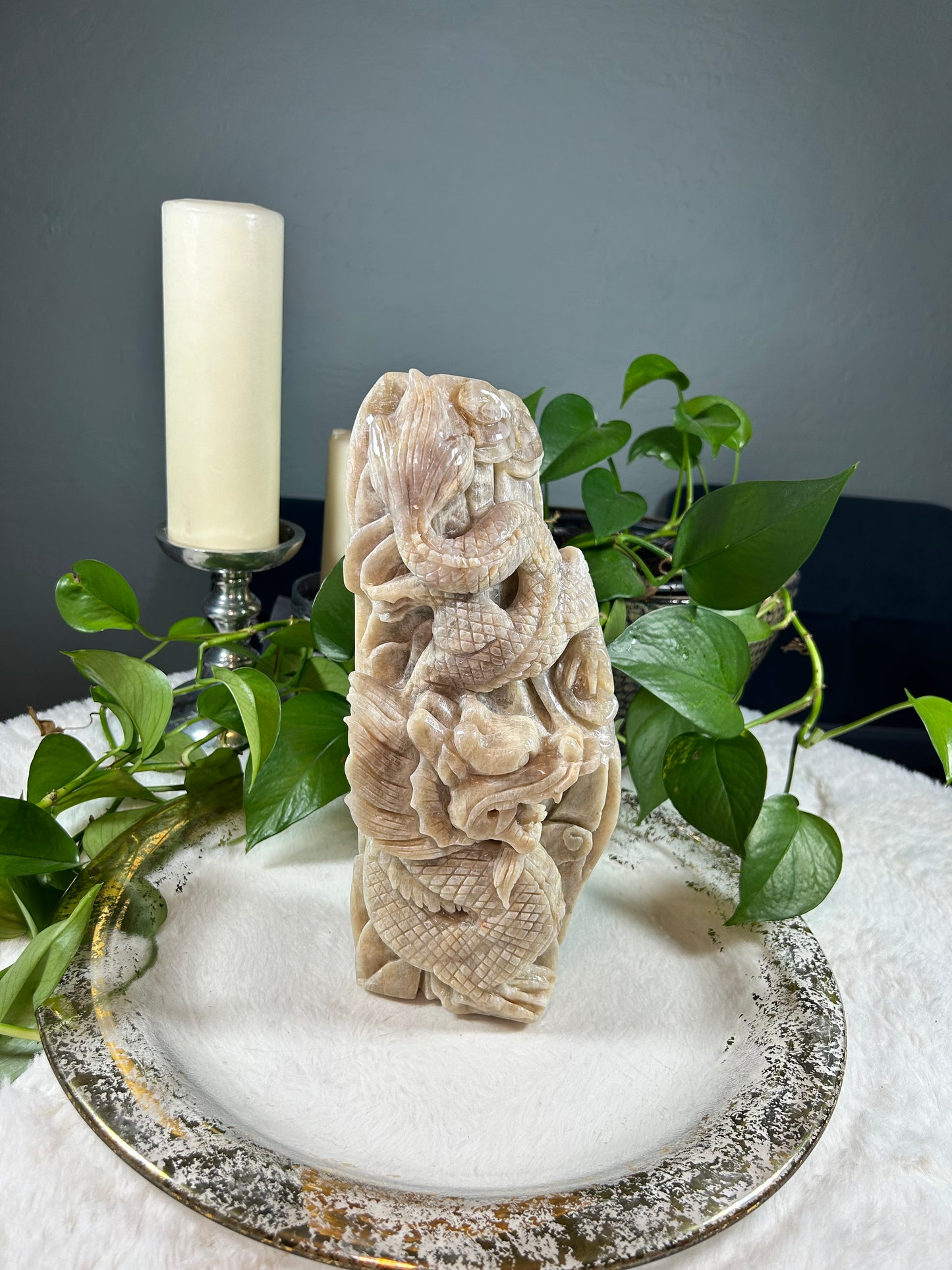 X-large white moonstone (with blue flash) hand carved eastern dragon statue crystal carving- 10.335pounds (12 inches tall)