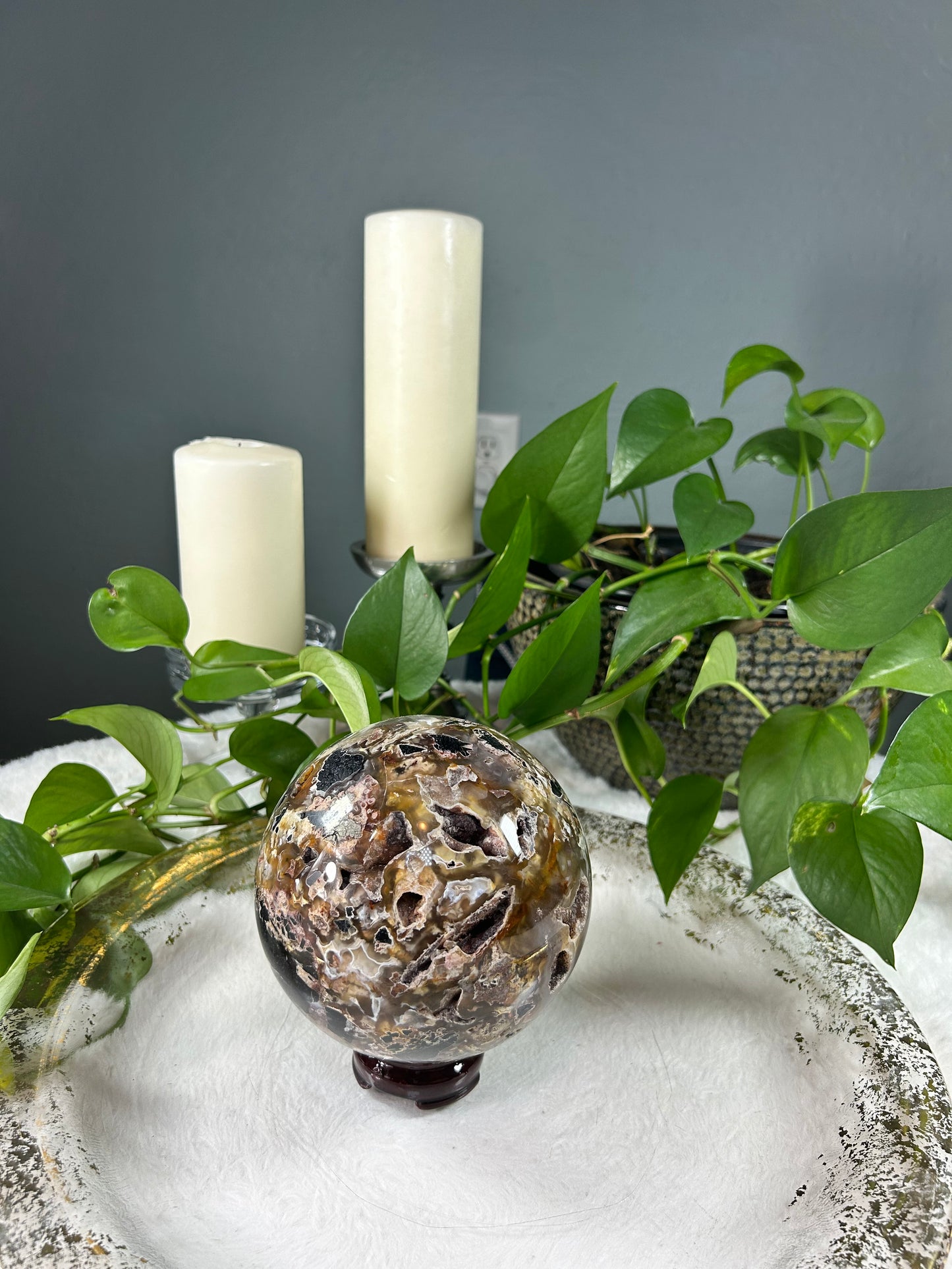 Large raw druzy mixed tourmaline crystal sphere and tower set - sphere is 5.795 pounds (5.5 inches) tower is 5.2 pounds (3.5in x 13in x 3in) - discount for set but can be sold separately