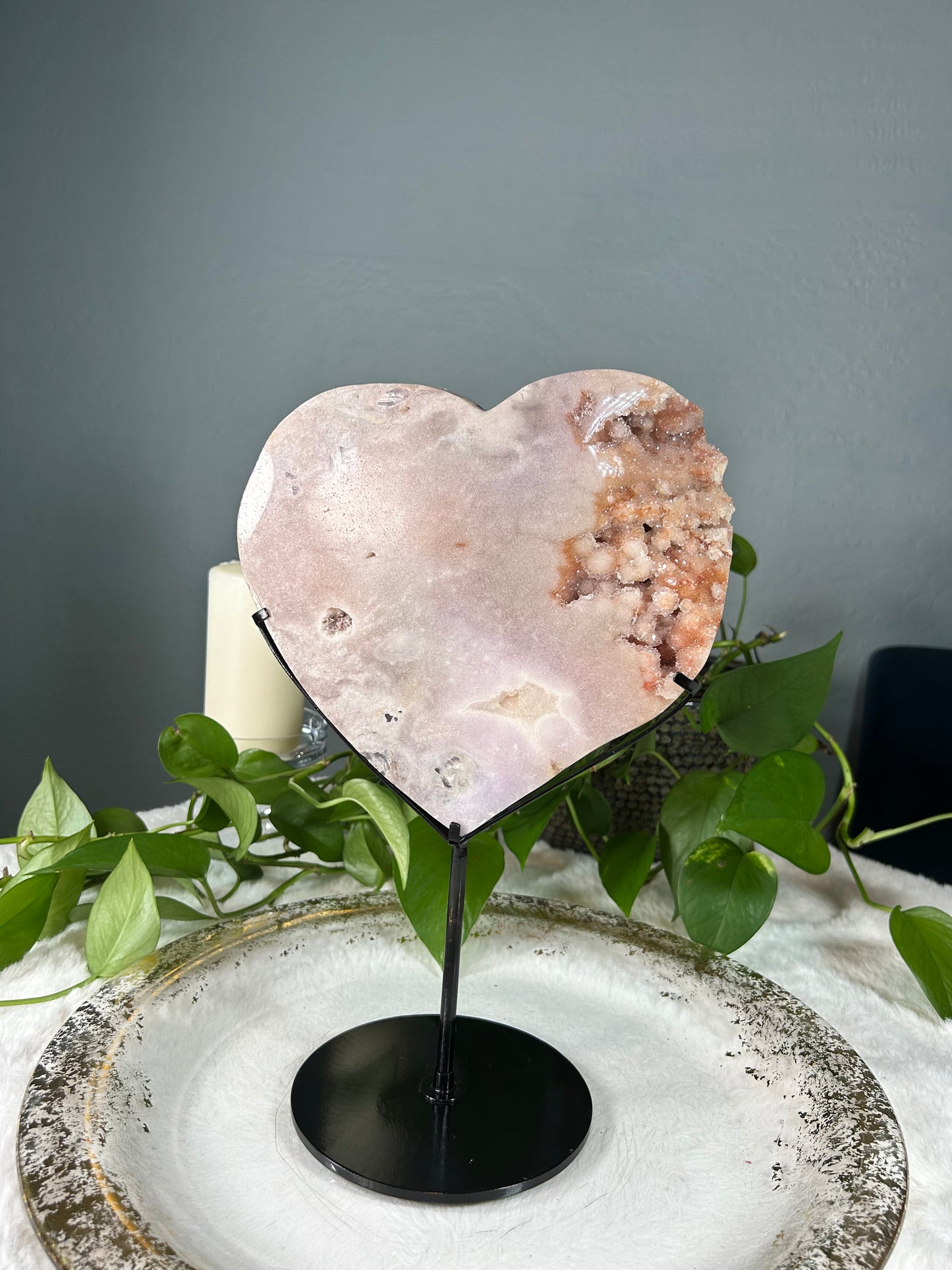 Large druzy/raw pink amethyst heart with custom stand - 6.875 pounds with stand (8.5in x 8in x 1.5in)