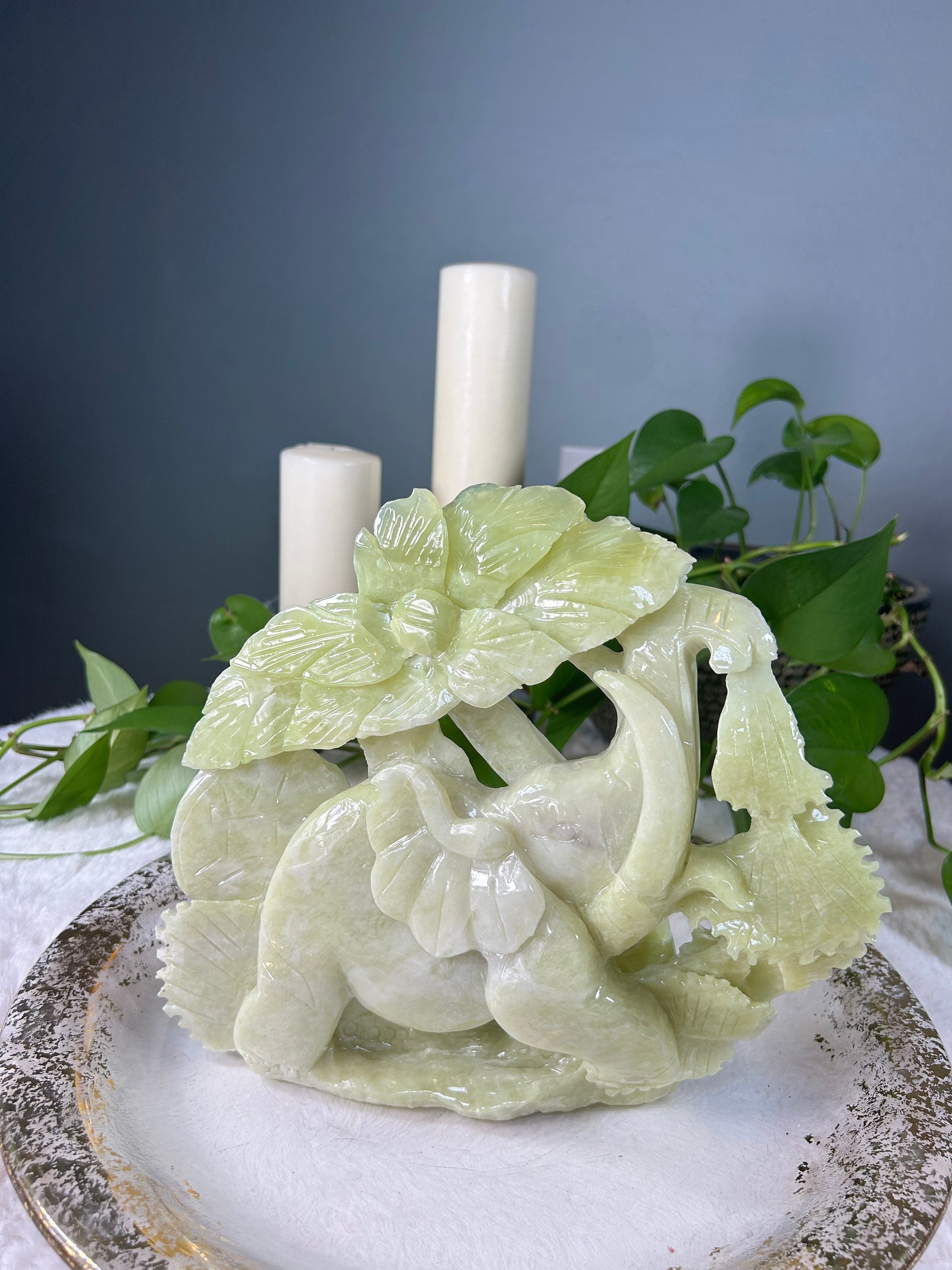 Large light green jade elephant carving - 6.26 pounds (10.5in x 10in x 2in)