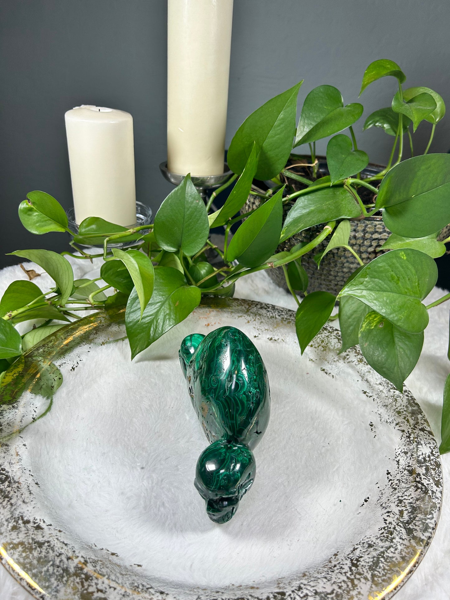 Large one of a kind standing 100% natural Malachite heart and skull hand carved crystal carving - 3.735 pounds (8in x 4.5in)