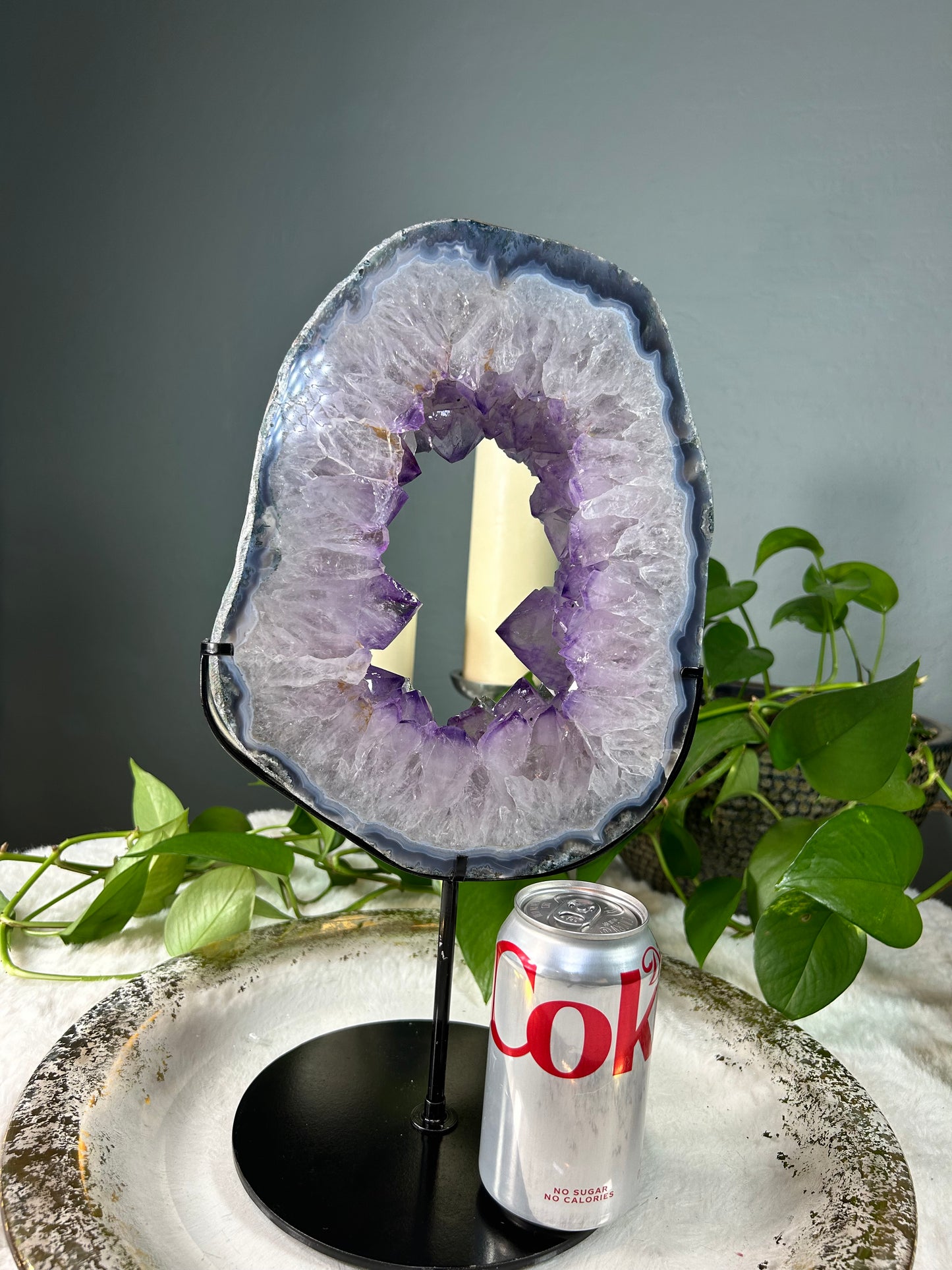 Large Brazilian light purple amethyst raw cluster slice / halo with custom stand- 10.26 pounds with stand (8in x 10.5in x 1.5in)
