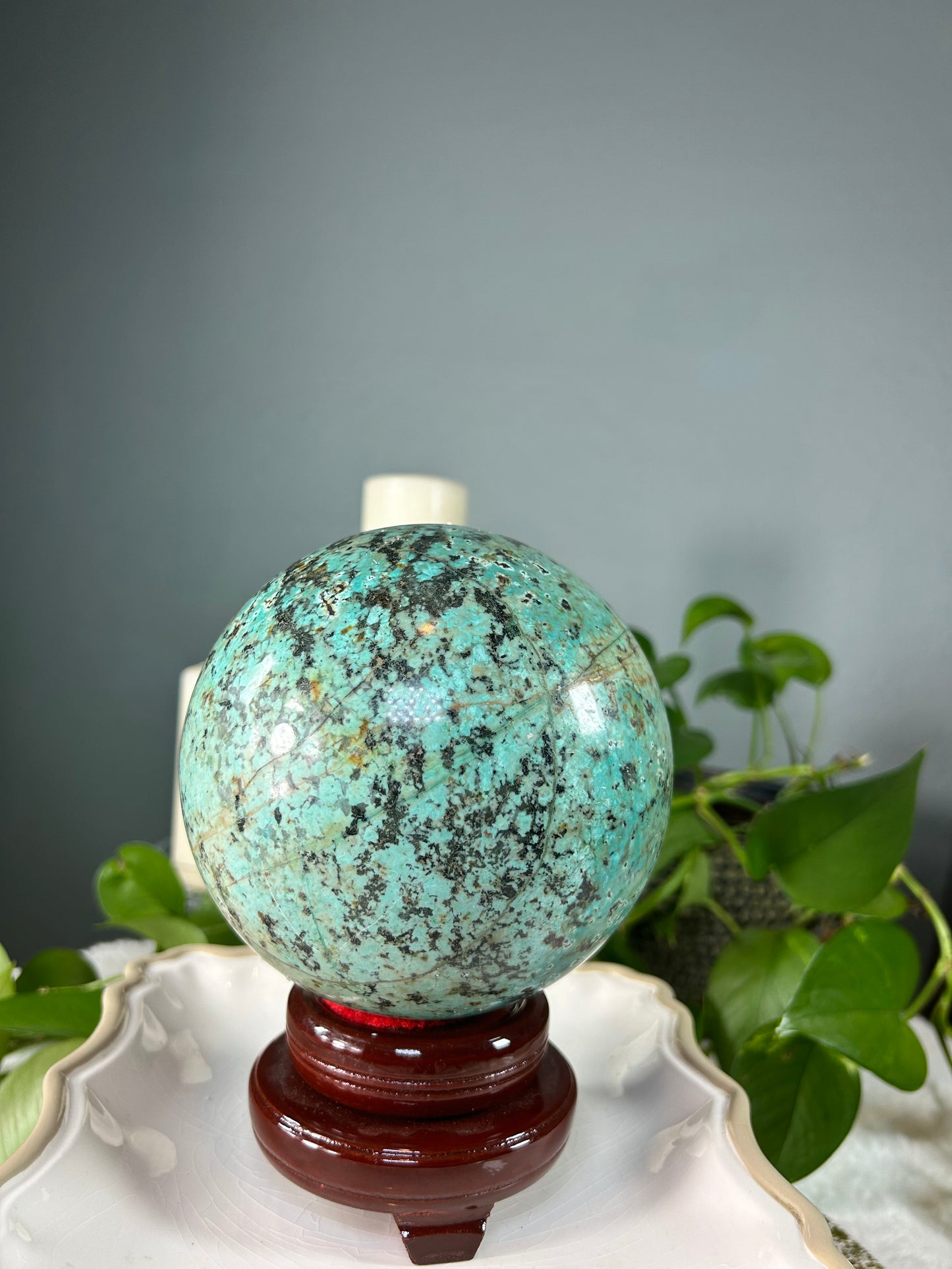 X-Large African turquoise Jasper crystal sphere - 8.09 pounds (~6inches tall)