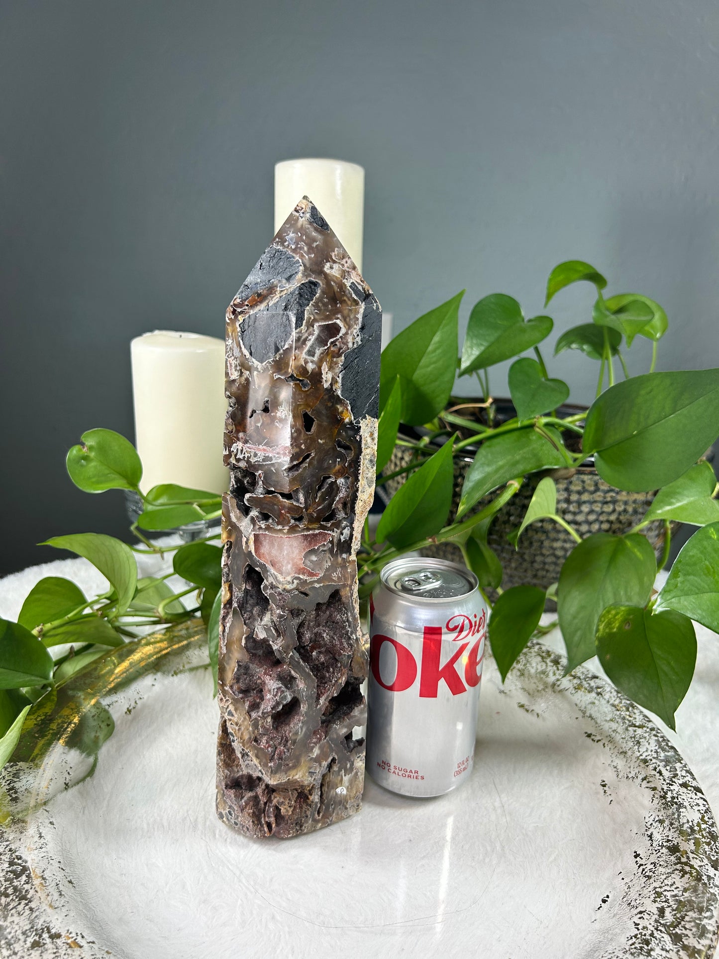 Large raw druzy mixed tourmaline crystal sphere and tower set - sphere is 5.795 pounds (5.5 inches) tower is 5.2 pounds (3.5in x 13in x 3in) - discount for set but can be sold separately