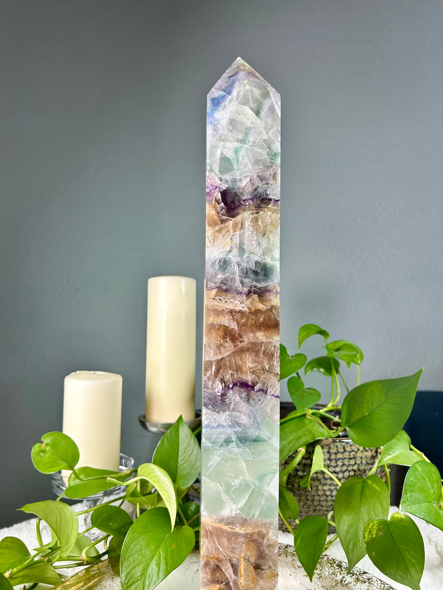XX-large GIANT/TALL banded rainbow (green gold purple blue) fluorite crystal tower - 16 pounds (3.5in x 21.5in x 3in)
