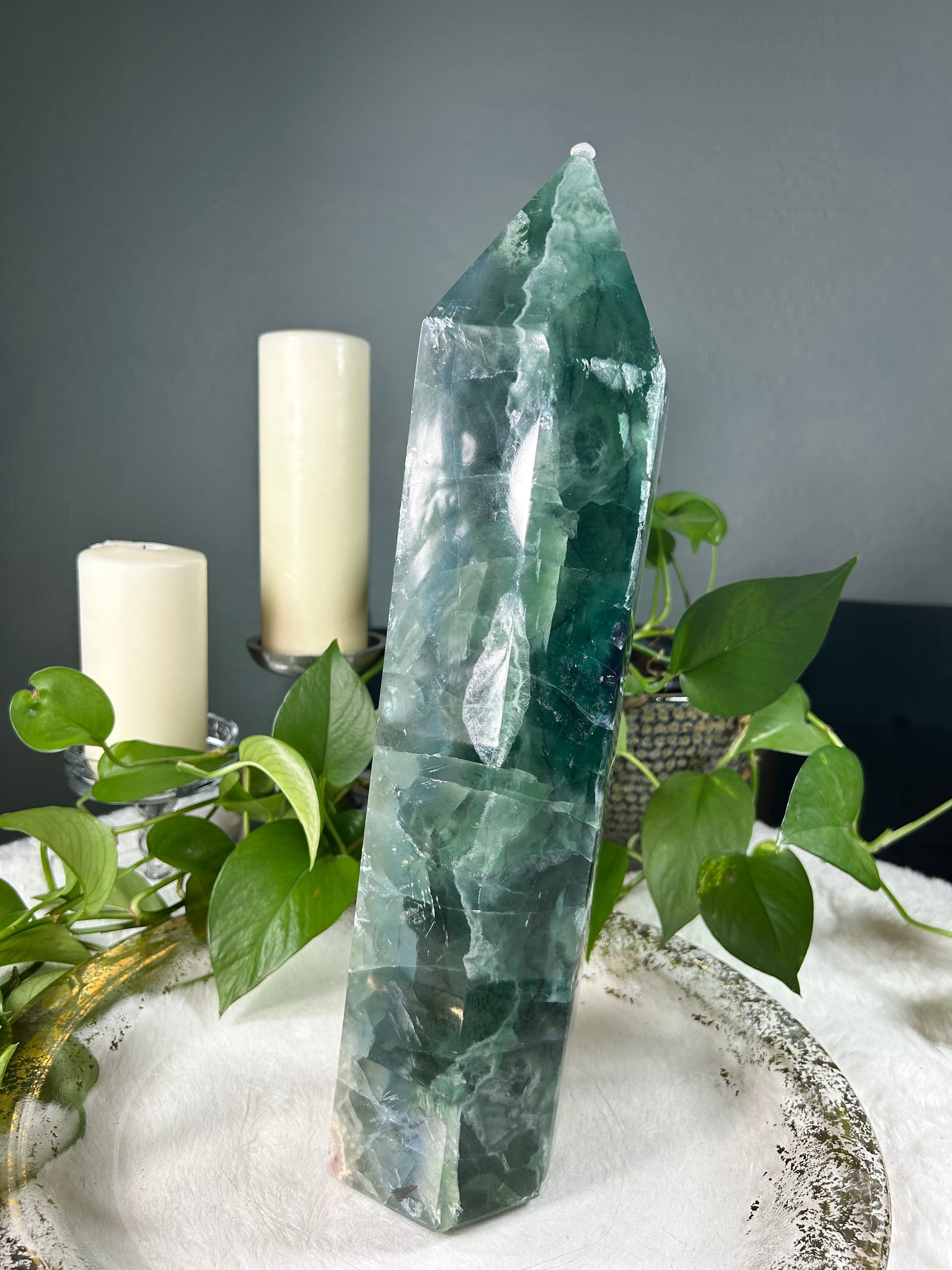 XX-Large THICK/WIDE ocean blue fluorite crystal tower with unique Sakura flower inclusions - 16.05 pounds (4in x 16in x 3.5in)