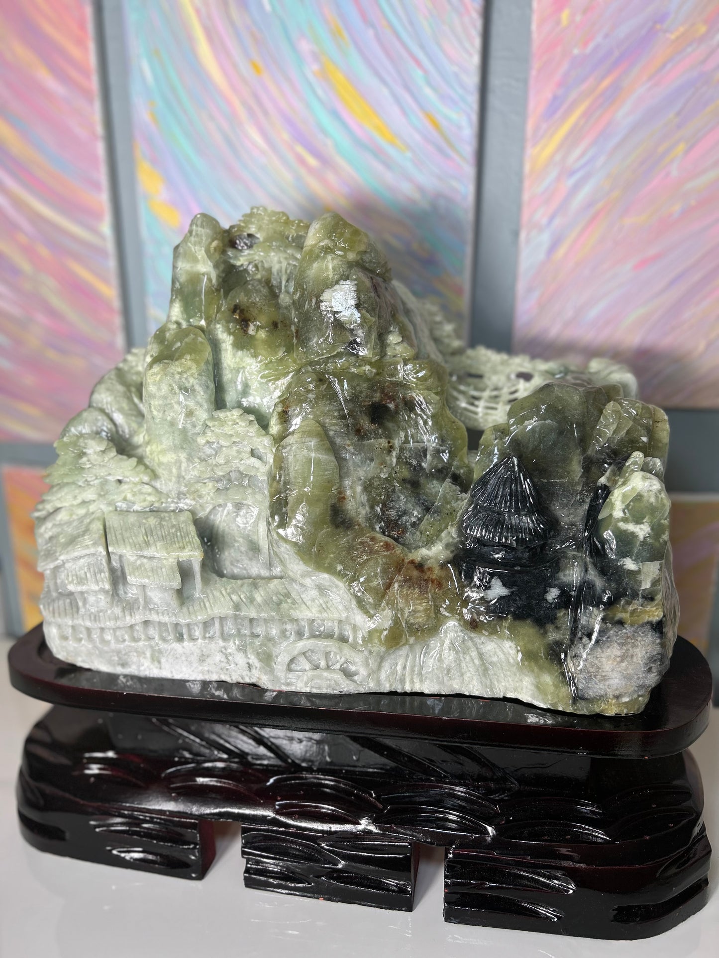 XX-Large GIANT 100% natural (no dye no paint) tri color green jade hand carved mountainside village crystal carving with bridge and custom stand - over 50 pounds natural green jade