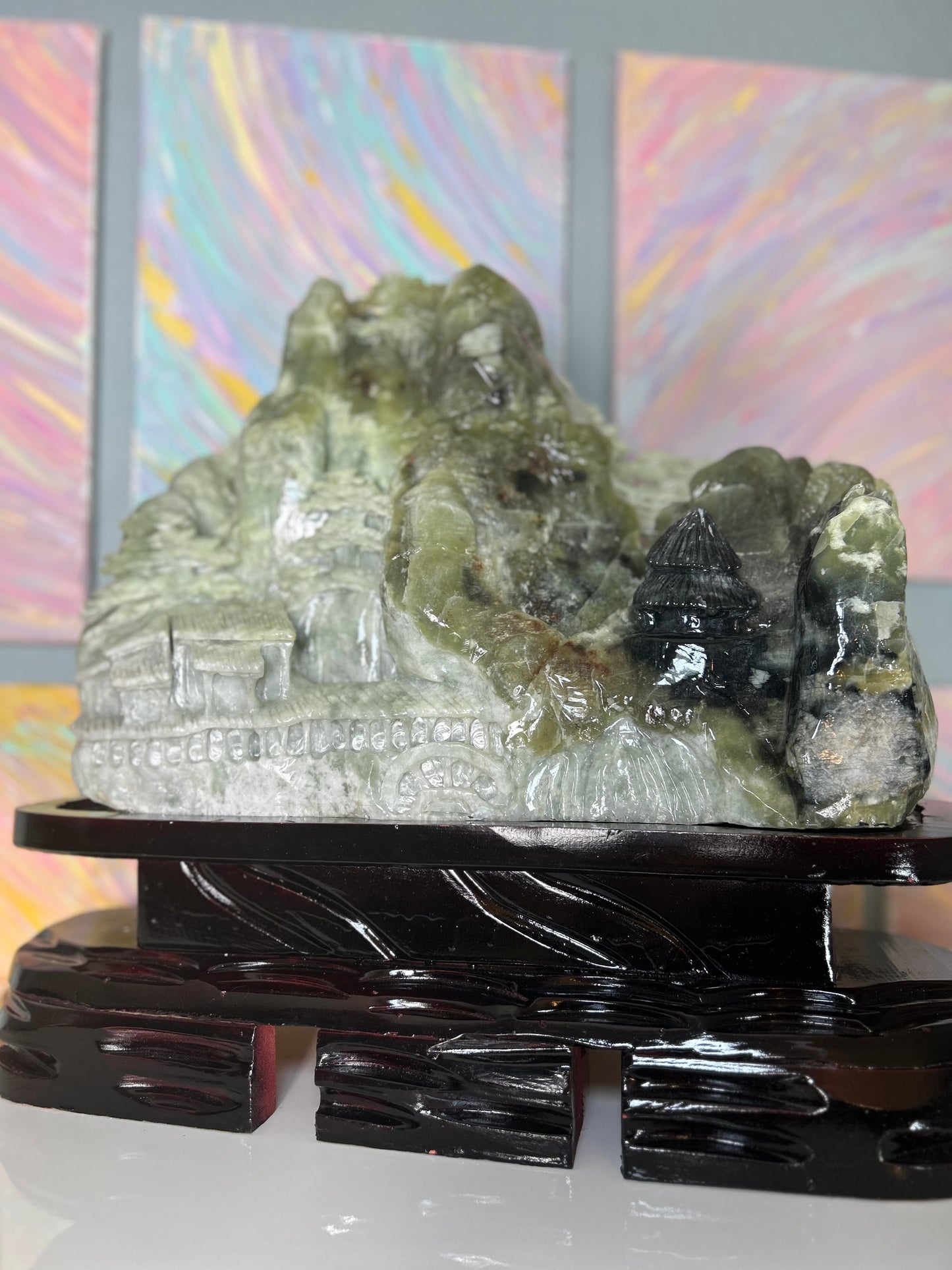 XX-Large GIANT 100% natural (no dye no paint) tri color green jade hand carved mountainside village crystal carving with bridge and custom stand - over 50 pounds natural green jade