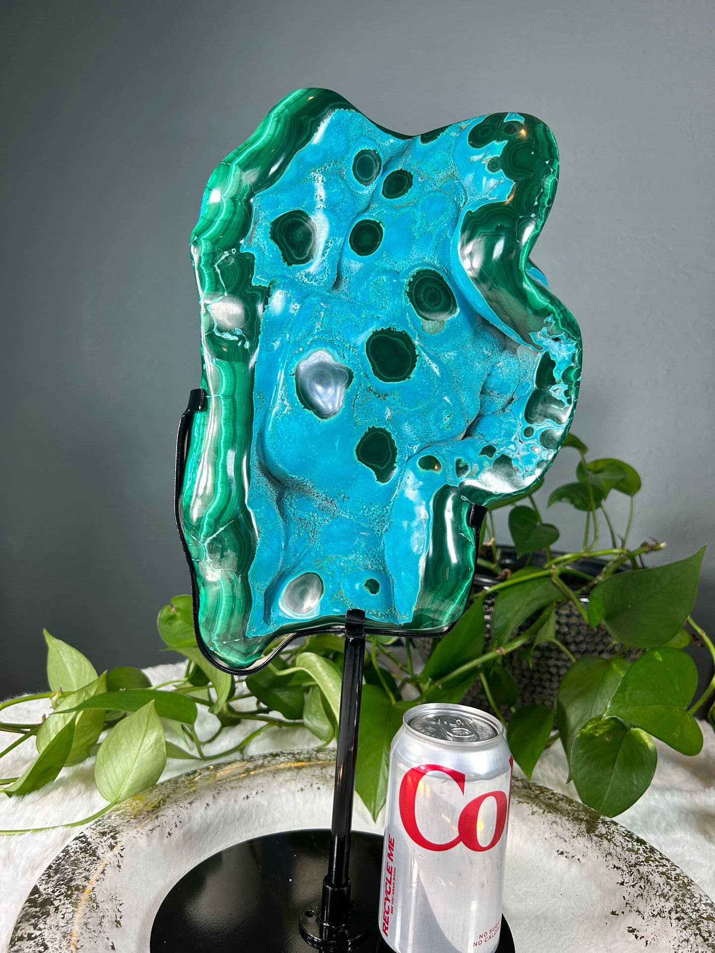 XX-Large chrysocolla malachite half raw half polished crystal statement piece with custom stand - 21.49 pounds (8.5in x 12.5in x 3.5in)