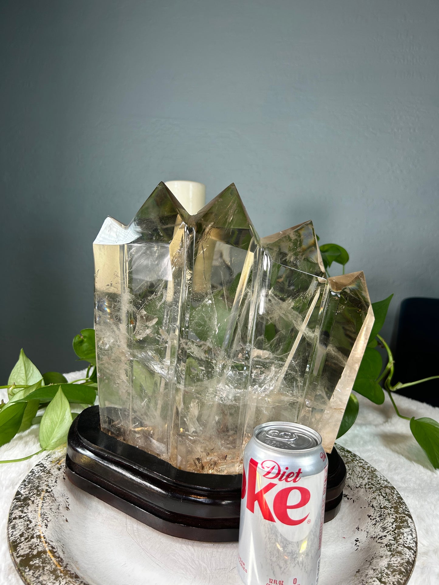 XX-large 5 point 100-% natural smoky quartz tower with custom stand - gorgeous clarity and rainbows - 21.715 pounds (12in x 13in x 6in)