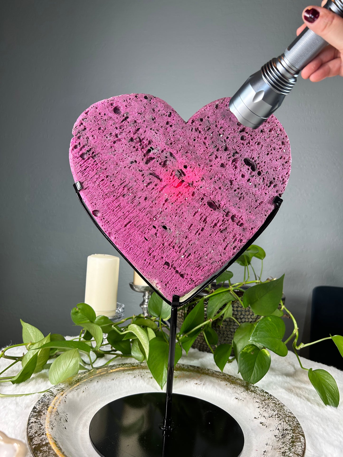XX-large honeycomb ruby heart with pink uv reaction and custom stand (lab grown mineral) - 25.79 pounds with stand (12.5in x 12.5in x 2in)