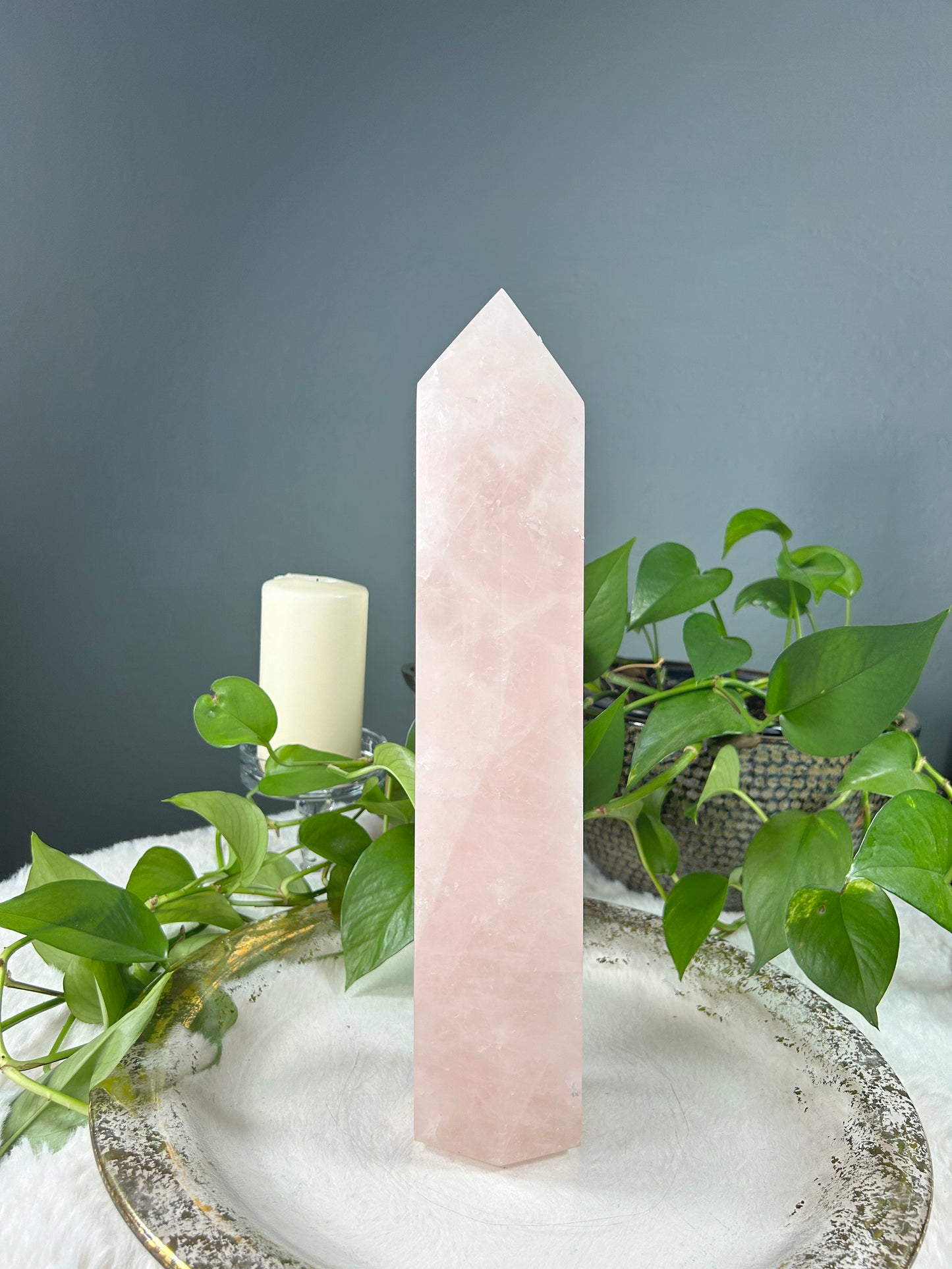 X-Large dreamy light pink rose quartz crystal tower point - 8.785 pounds (3.5in x 15in x 3.5)
