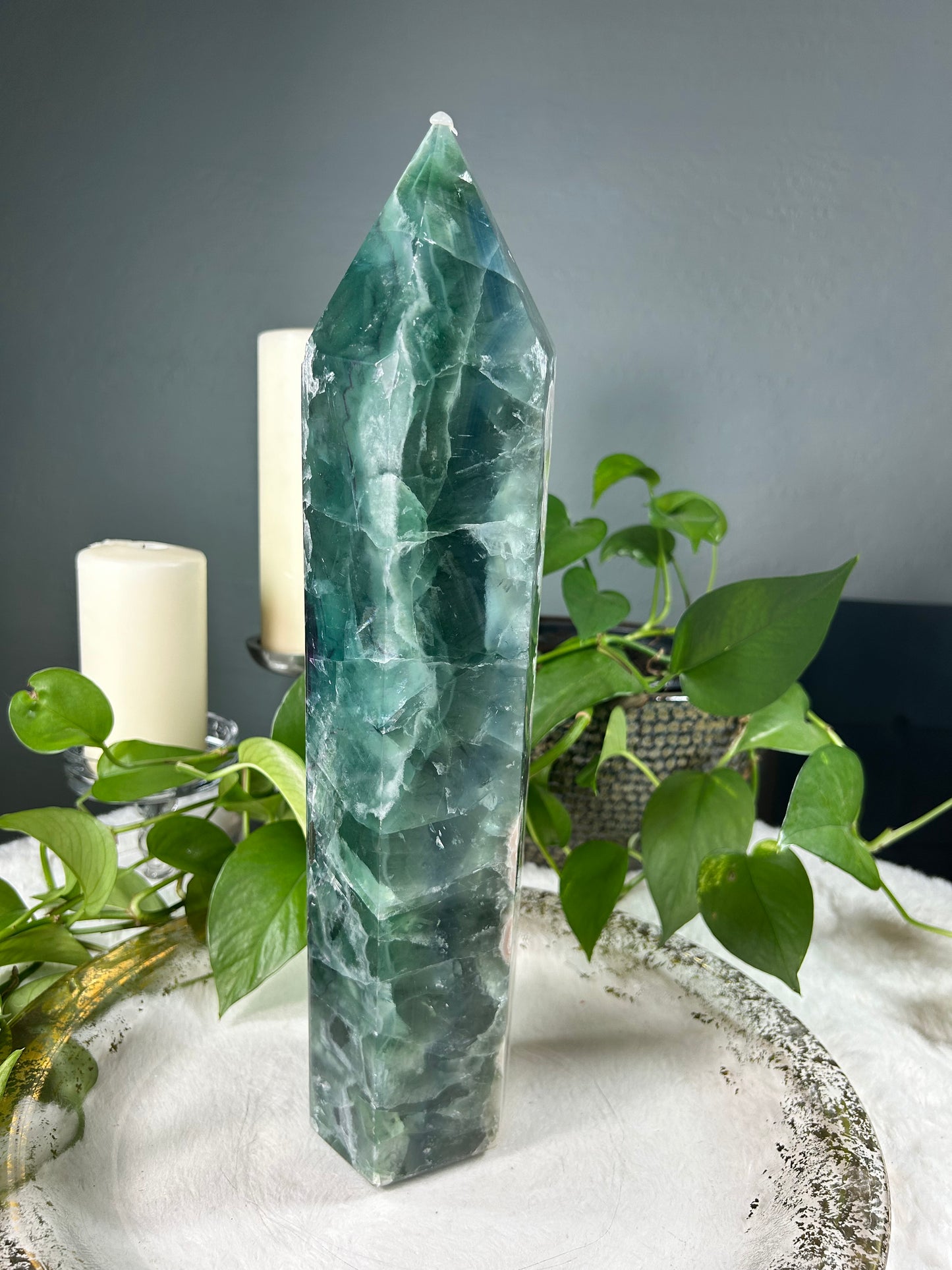 XX-Large THICK/WIDE ocean blue fluorite crystal tower with unique Sakura flower inclusions - 16.05 pounds (4in x 16in x 3.5in)