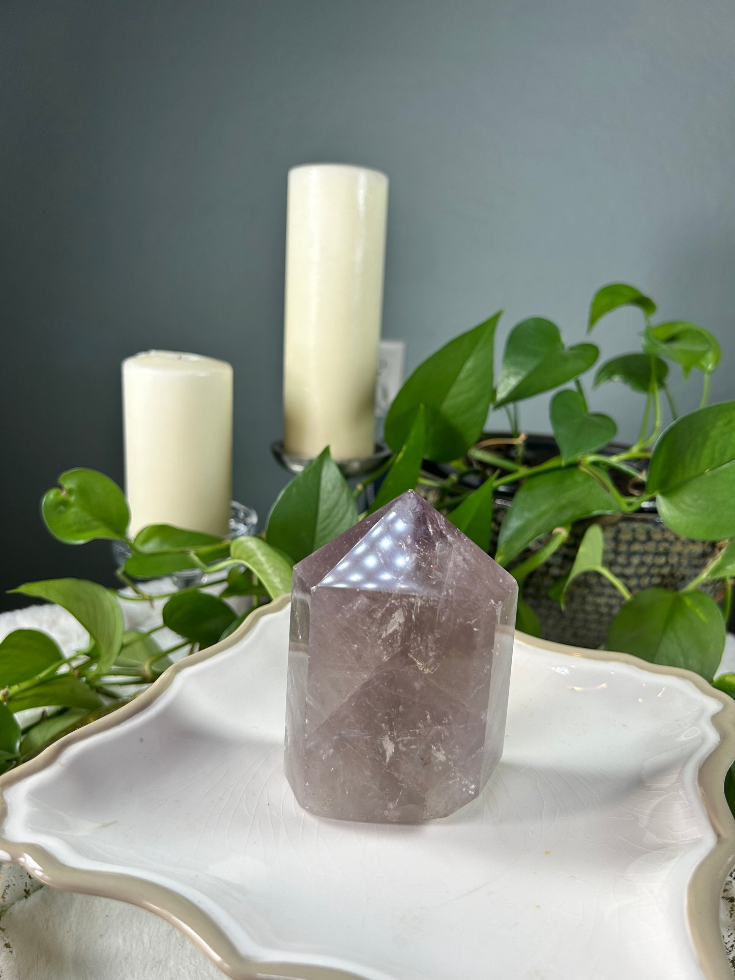 Small light grey smoky quartz point crystal tower with rainbows- 1.275 pounds (3in x 4in x 1.5in)