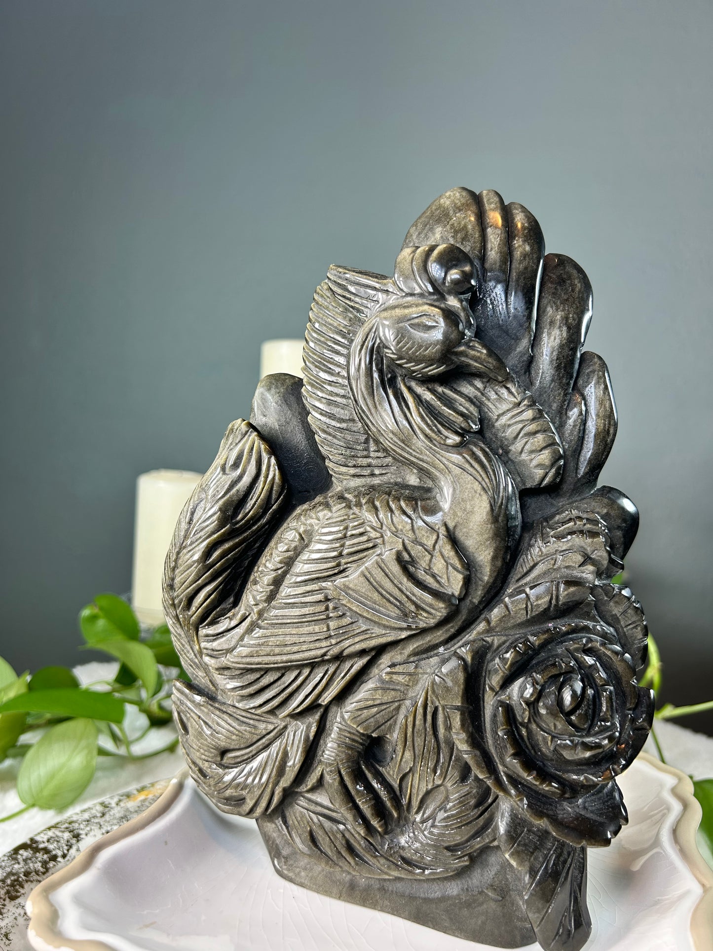 Large golden sheen obsidian hand carved phoenix bird with rose statue carving- 4.46 pounds (7.5in x 10in x 1.5in)