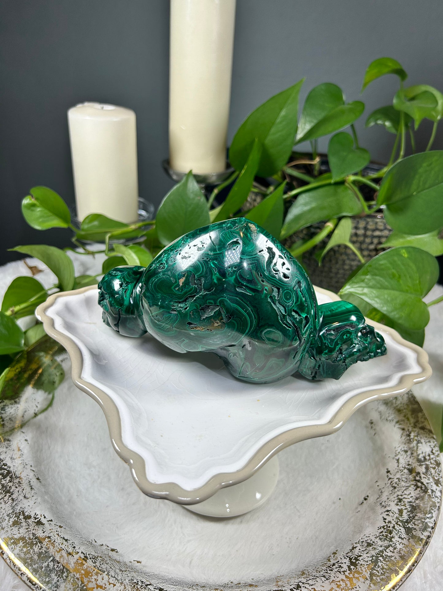 Large one of a kind standing 100% natural Malachite heart and skull hand carved crystal carving - 3.735 pounds (8in x 4.5in)