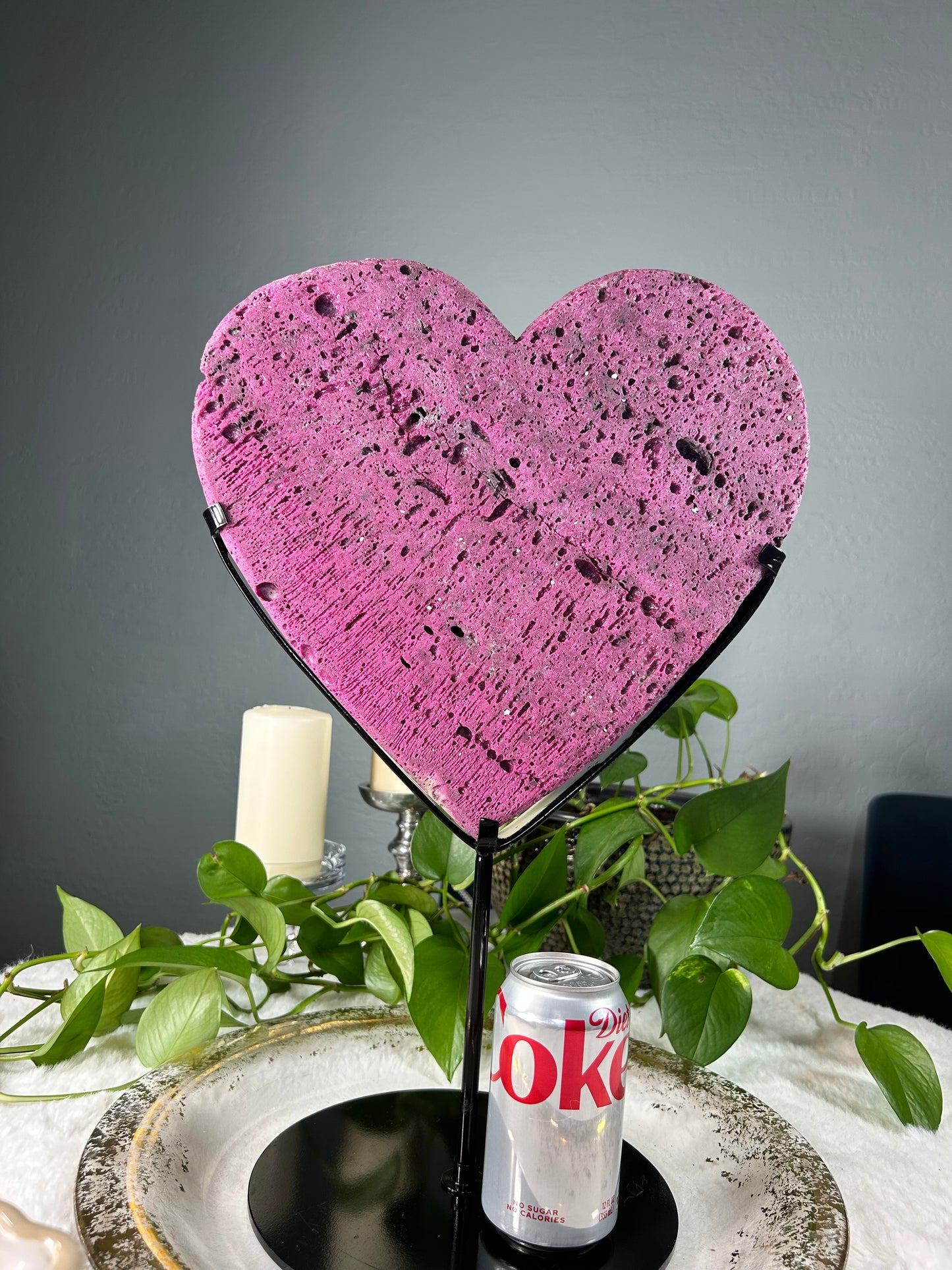 XX-large honeycomb ruby heart with pink uv reaction and custom stand (lab grown mineral) - 25.79 pounds with stand (12.5in x 12.5in x 2in)
