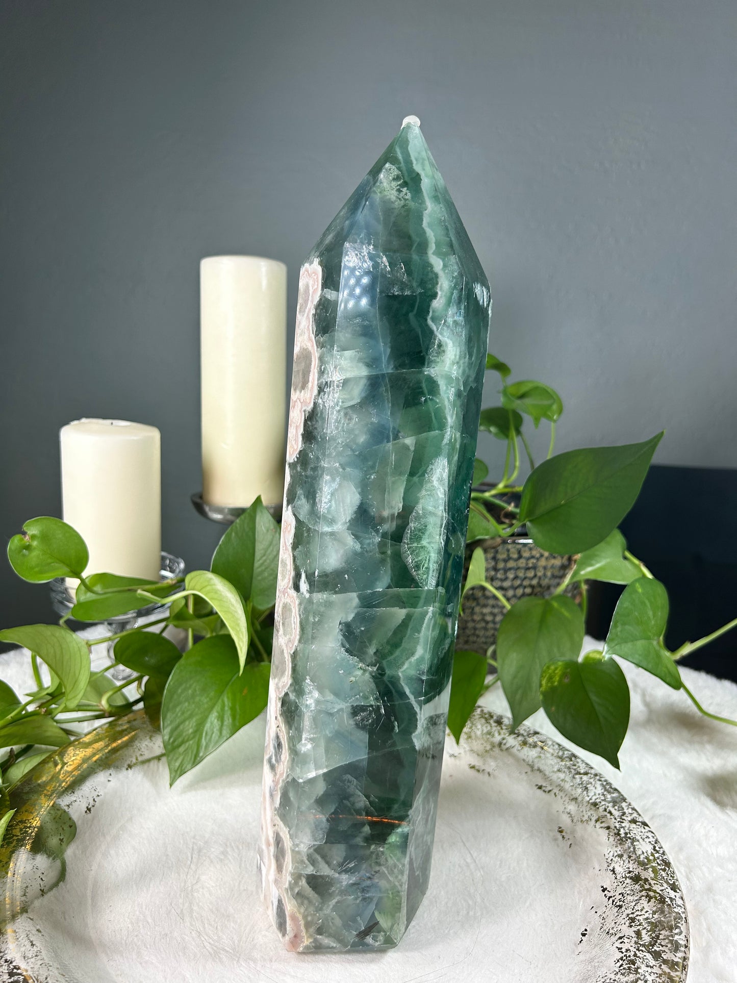 XX-Large THICK/WIDE ocean blue fluorite crystal tower with unique Sakura flower inclusions - 16.05 pounds (4in x 16in x 3.5in)