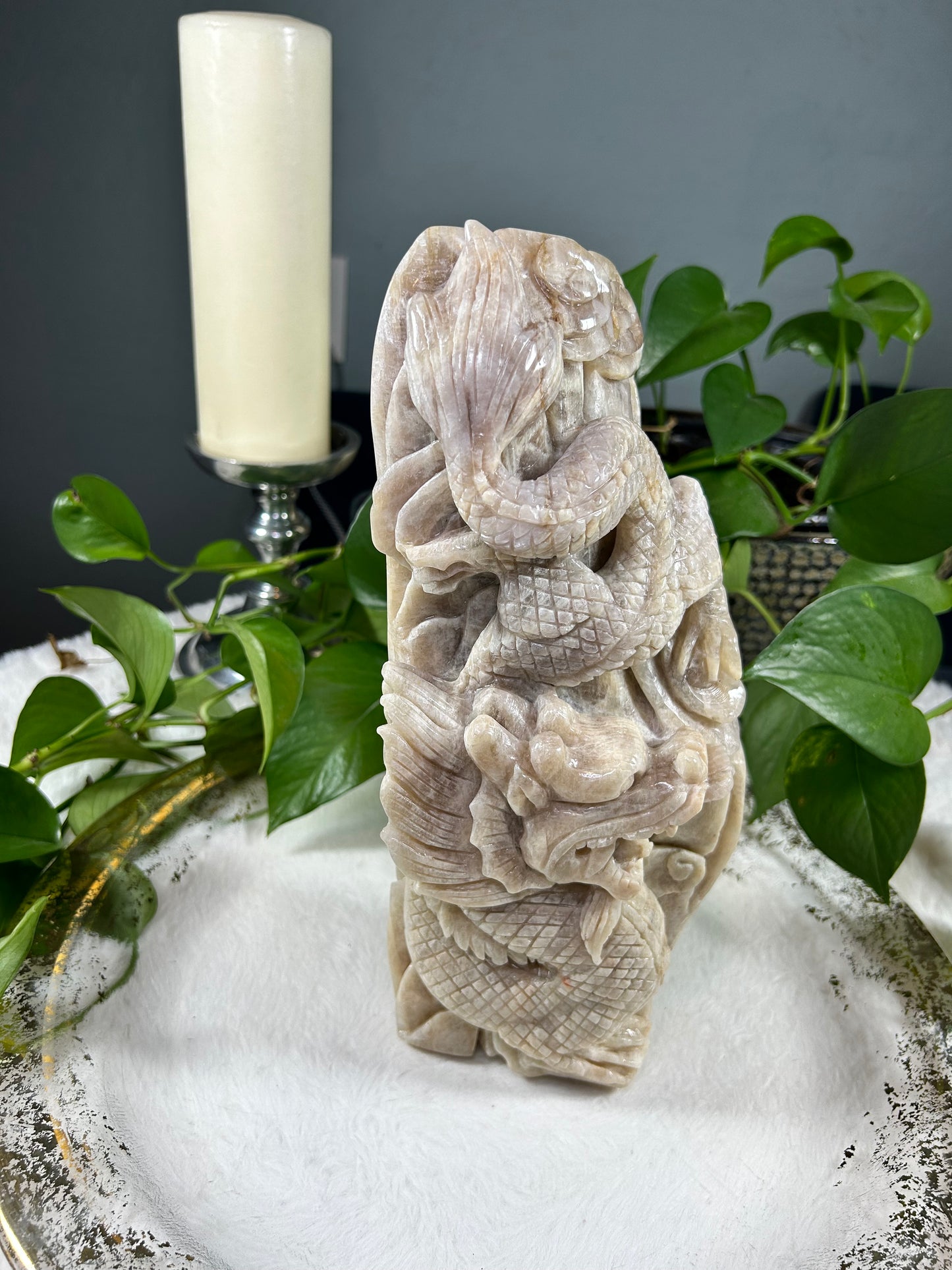 X-large white moonstone (with blue flash) hand carved eastern dragon statue crystal carving- 10.335pounds (12 inches tall)