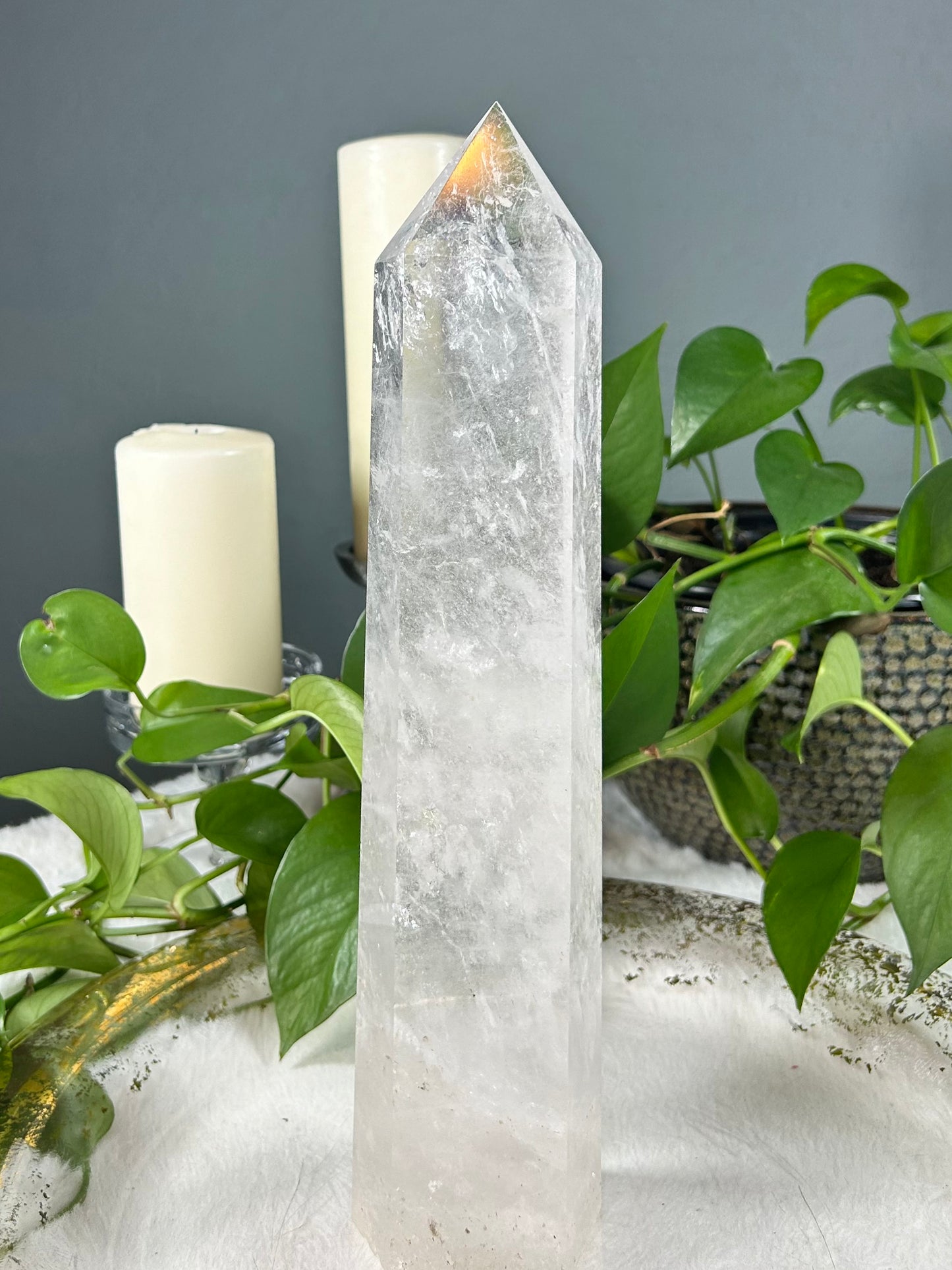 X-Large gorgeous quality and clarity clear quartz crystal tower point with many rainbows - 5.29 pounds (3.5in x 13.5in x 2in)