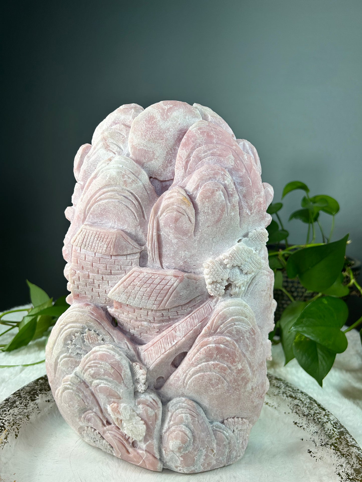XX-Large pink opal eagle over village hand carved carving statue - 15.805 pounds (9in x 14in x 2.5in)
