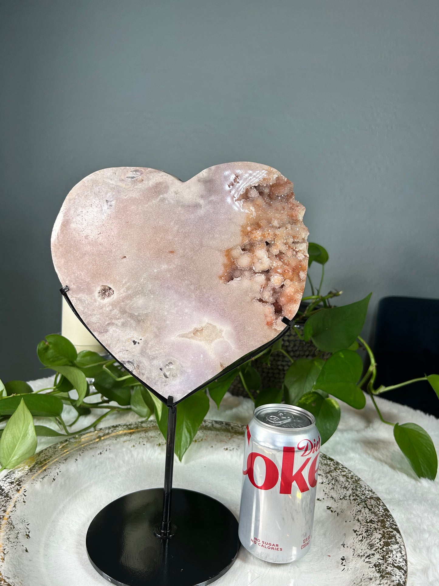 Large druzy/raw pink amethyst heart with custom stand - 6.875 pounds with stand (8.5in x 8in x 1.5in)