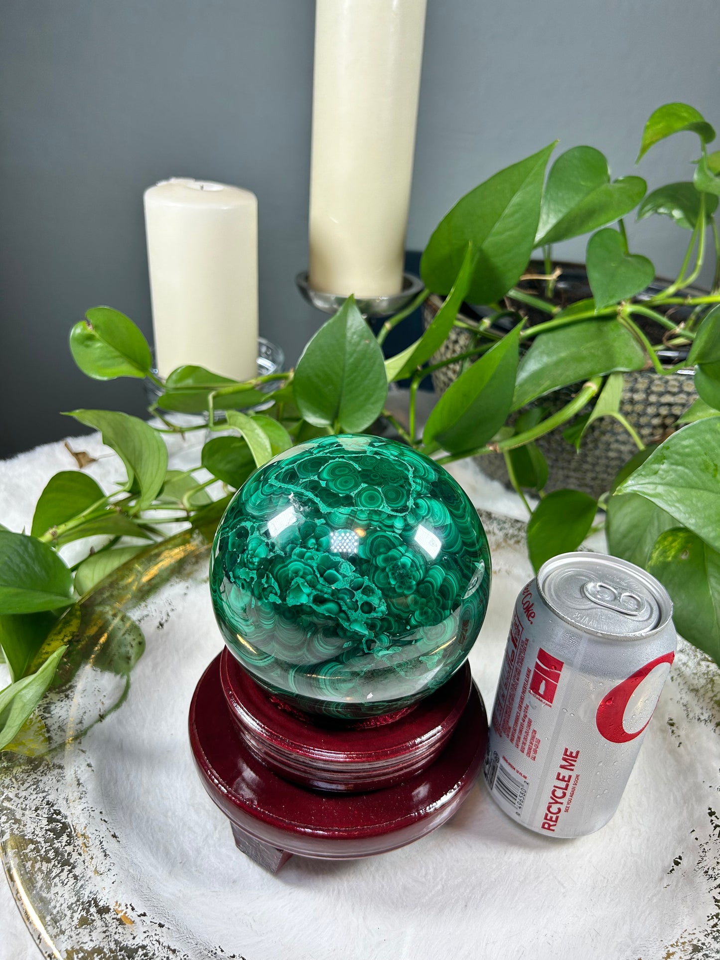 X-Large polished high quality 100% natural malachite sphere with gorgeous banding all around - 7 pounds (5.5 inches wide)